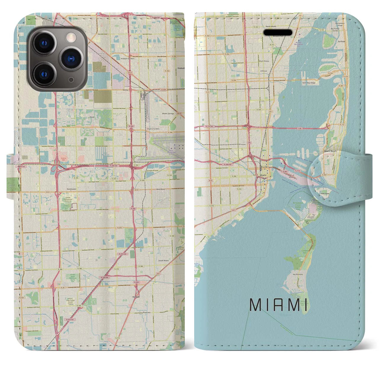 【マイアミ(アメリカ)】地図柄iPhoneケース(手帳タイプ)ナチュラル・iPhone 11 Pro Max 用