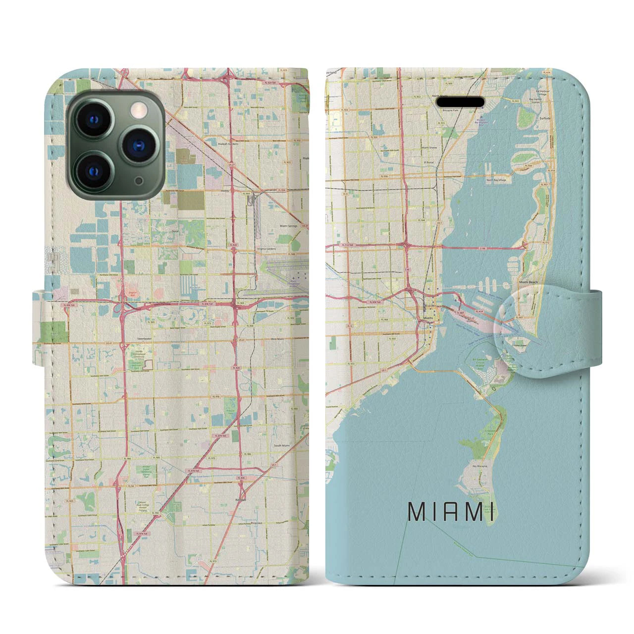 【マイアミ(アメリカ)】地図柄iPhoneケース(手帳タイプ)ナチュラル・iPhone 11 Pro 用