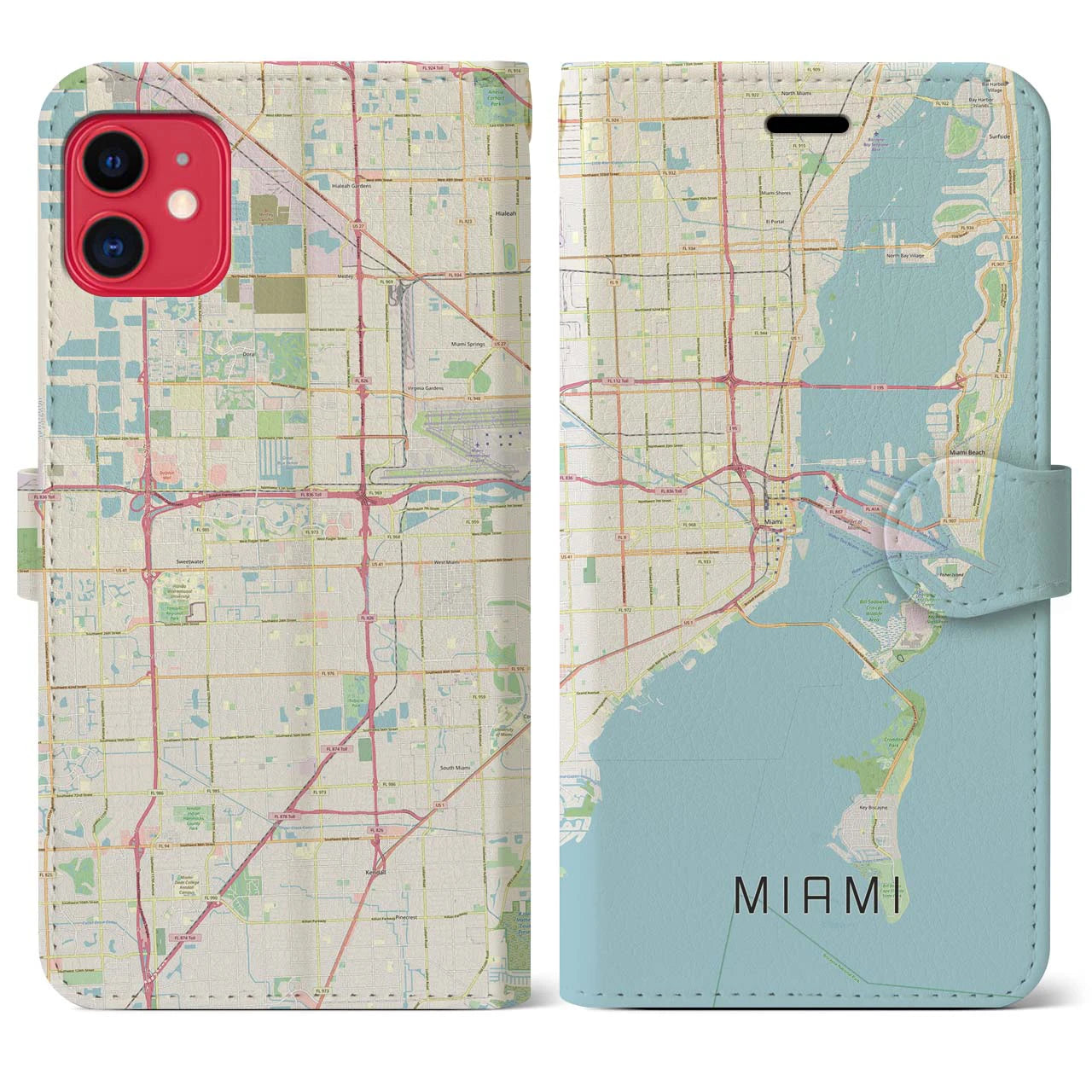 【マイアミ(アメリカ)】地図柄iPhoneケース(手帳タイプ)ナチュラル・iPhone 11 用