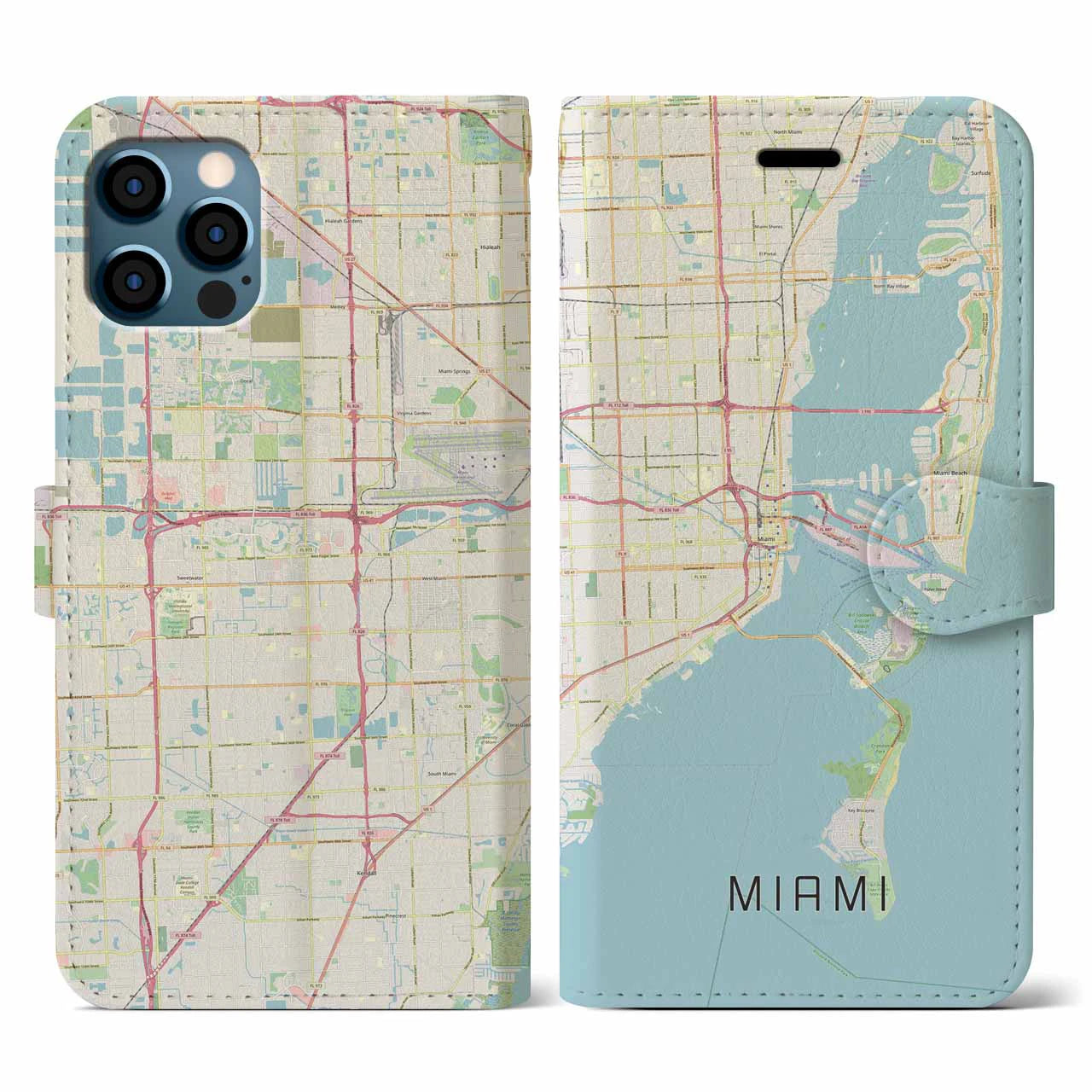 【マイアミ(アメリカ)】地図柄iPhoneケース(手帳タイプ)ナチュラル・iPhone 12 / 12 Pro 用