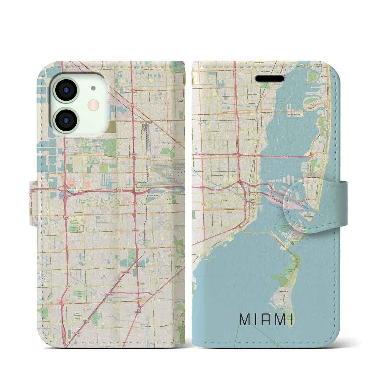 【マイアミ(アメリカ)】地図柄iPhoneケース(手帳タイプ)ナチュラル・iPhone 12 mini 用