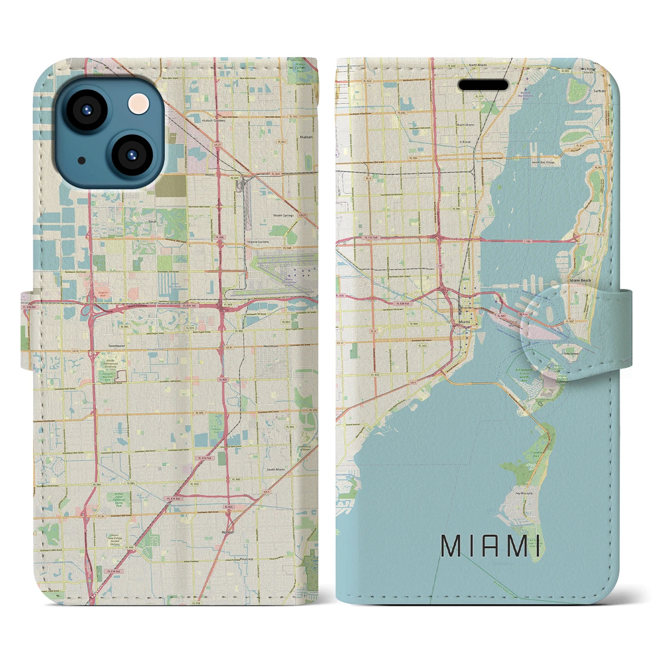 【マイアミ(アメリカ)】地図柄iPhoneケース(手帳タイプ)ナチュラル・iPhone 13 用