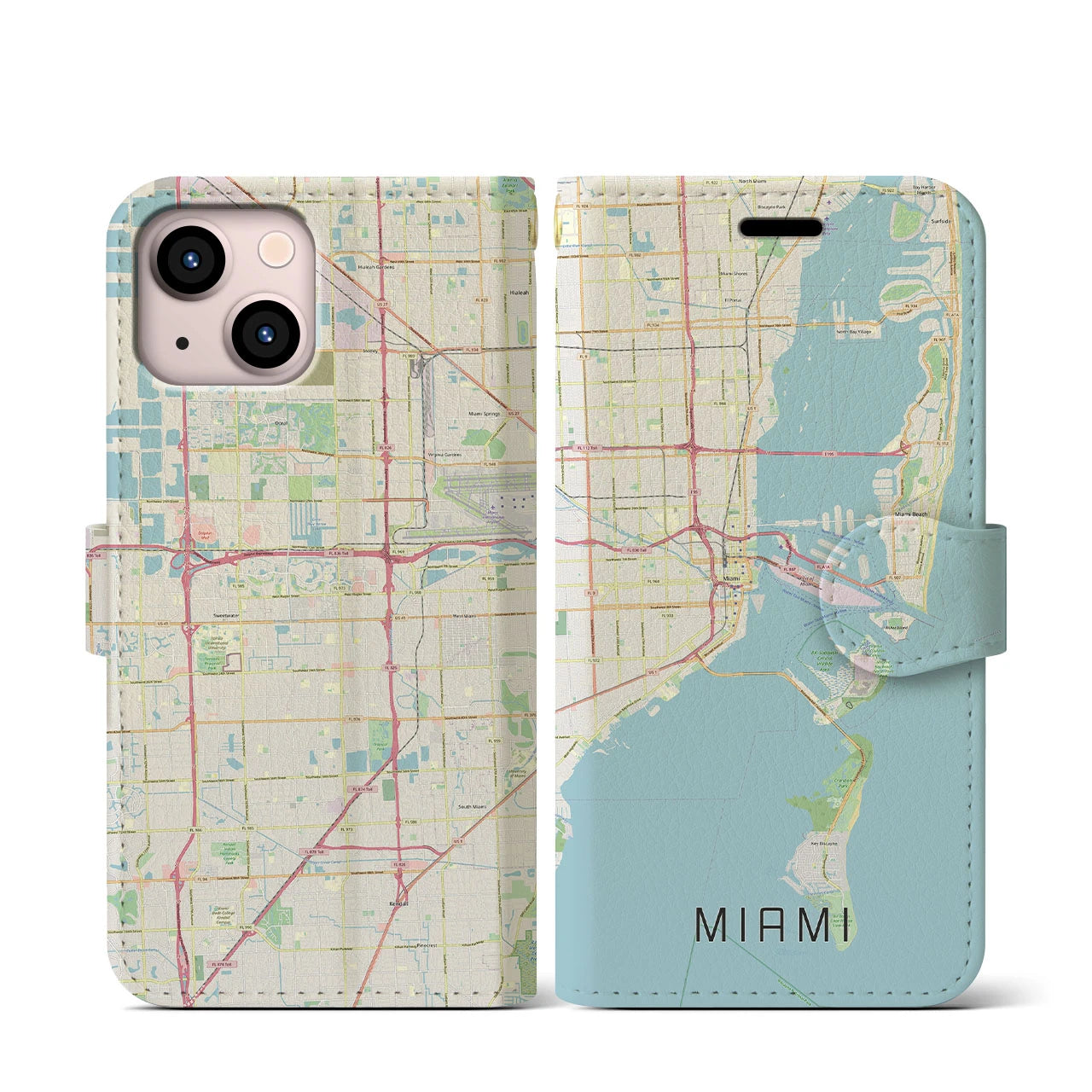 【マイアミ(アメリカ)】地図柄iPhoneケース(手帳タイプ)ナチュラル・iPhone 13 mini 用