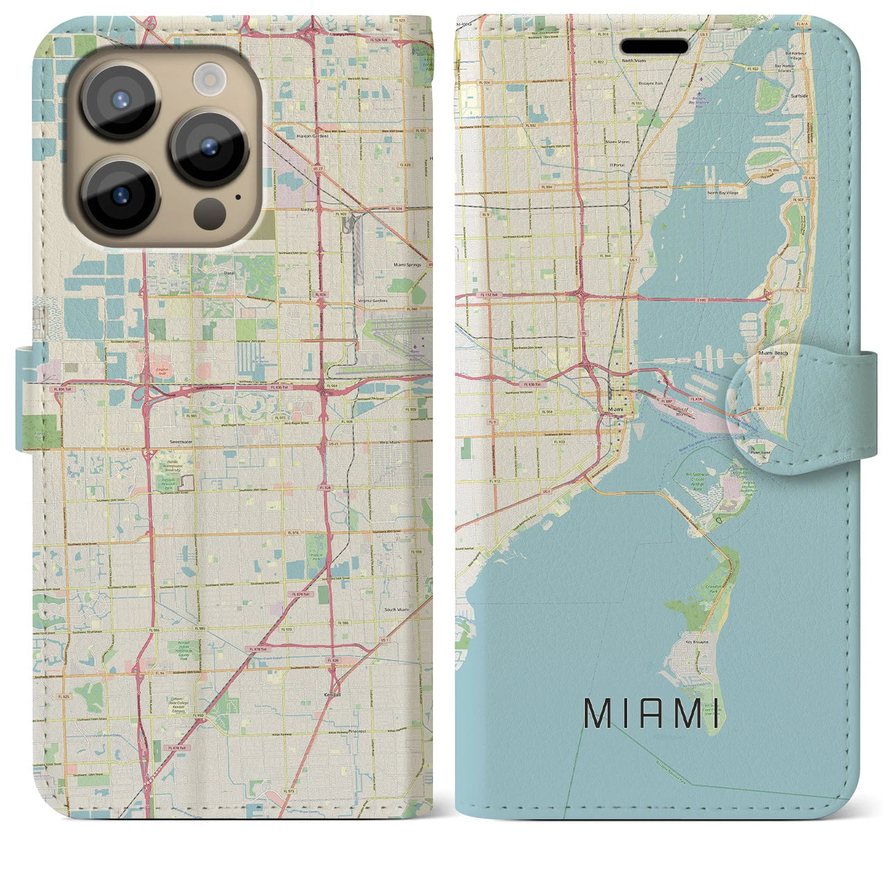 【マイアミ(アメリカ)】地図柄iPhoneケース(手帳タイプ)ナチュラル・iPhone 14 Pro Max 用