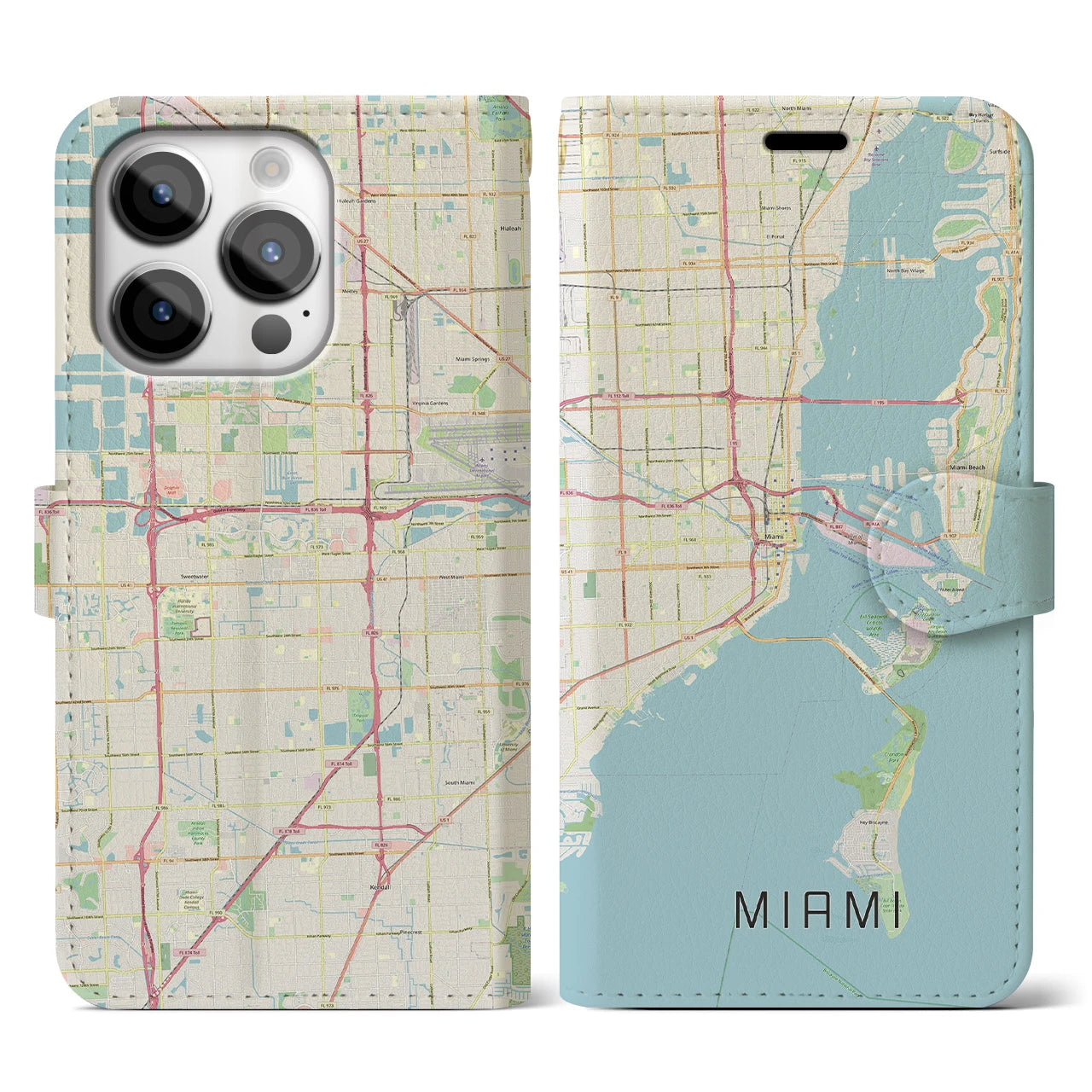 【マイアミ(アメリカ)】地図柄iPhoneケース(手帳タイプ)ナチュラル・iPhone 14 Pro 用