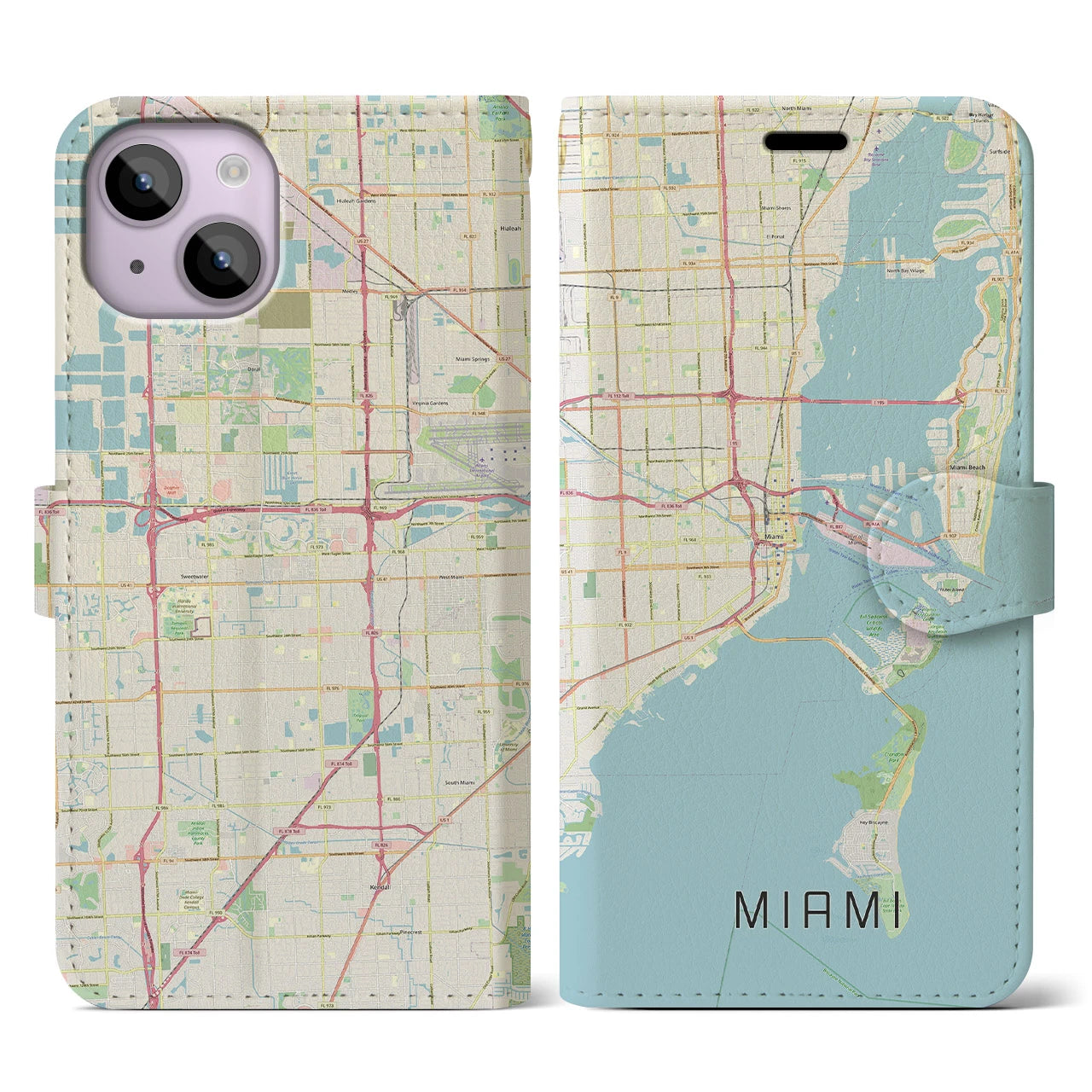【マイアミ(アメリカ)】地図柄iPhoneケース(手帳タイプ)ナチュラル・iPhone 14 用