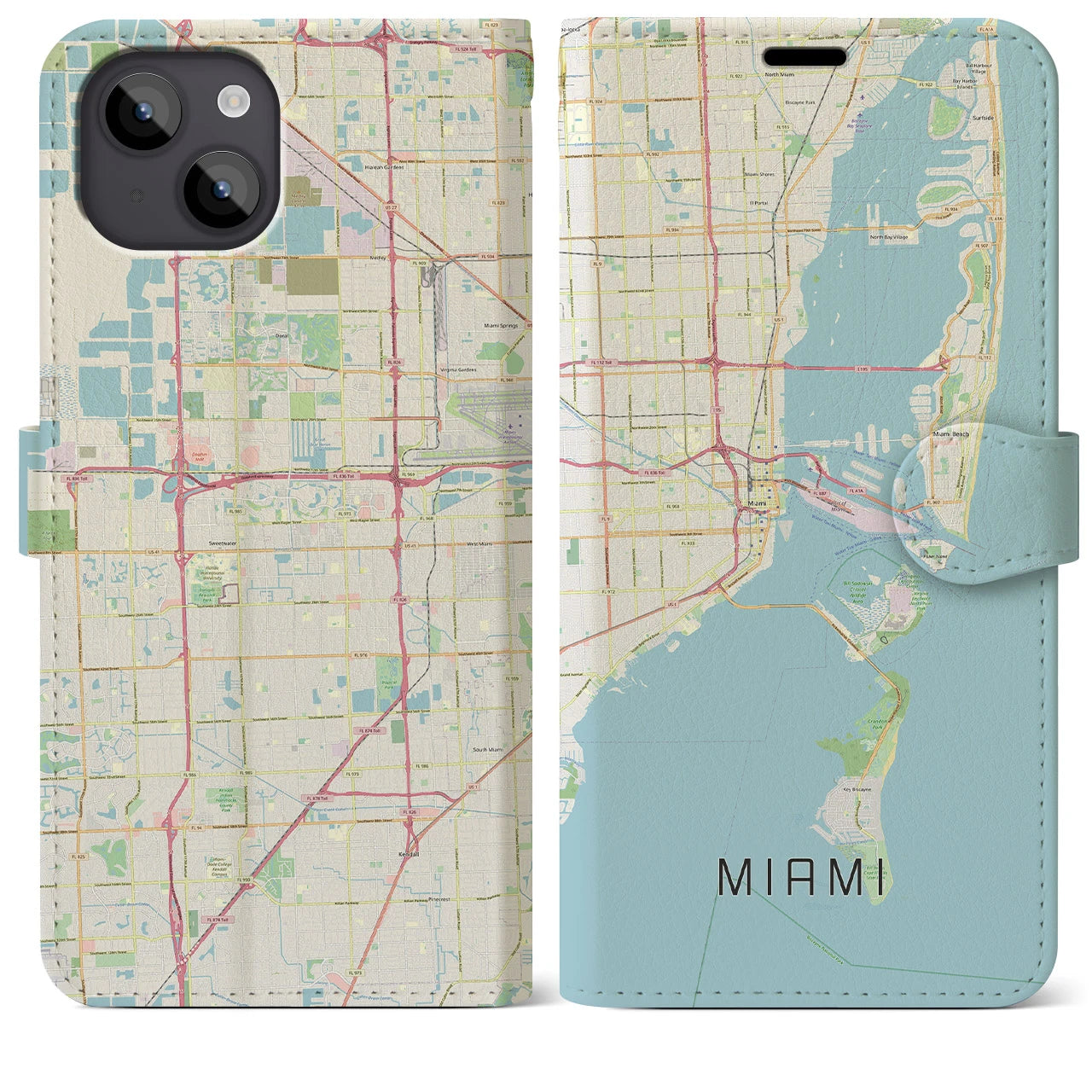【マイアミ(アメリカ)】地図柄iPhoneケース(手帳タイプ)ナチュラル・iPhone 14 Plus 用