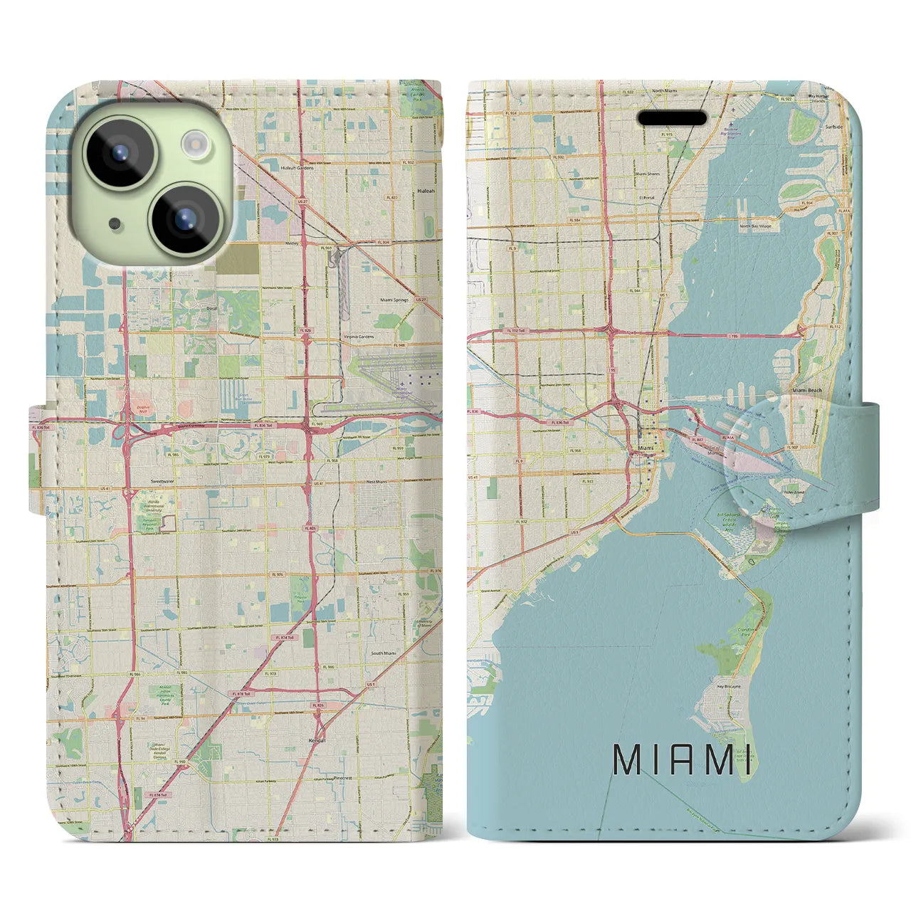 【マイアミ(アメリカ)】地図柄iPhoneケース(手帳タイプ)ナチュラル・iPhone 15 用