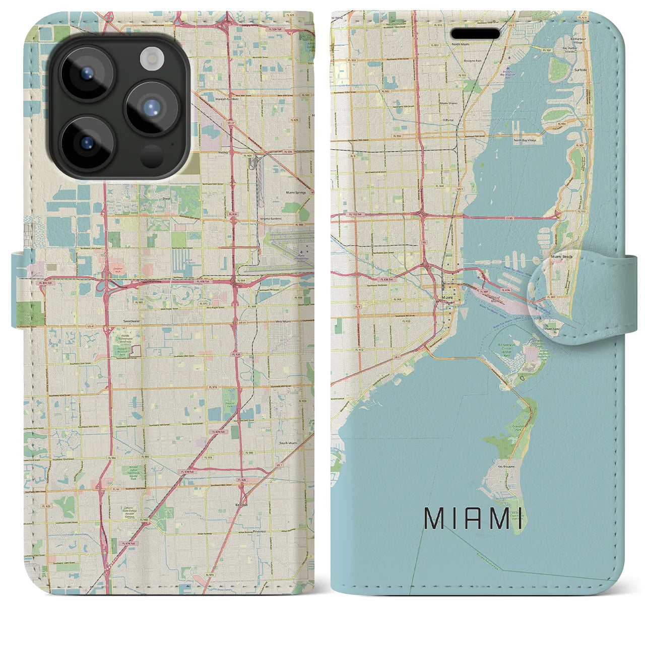 【マイアミ(アメリカ)】地図柄iPhoneケース(手帳タイプ)ナチュラル・iPhone 15 Pro Max 用
