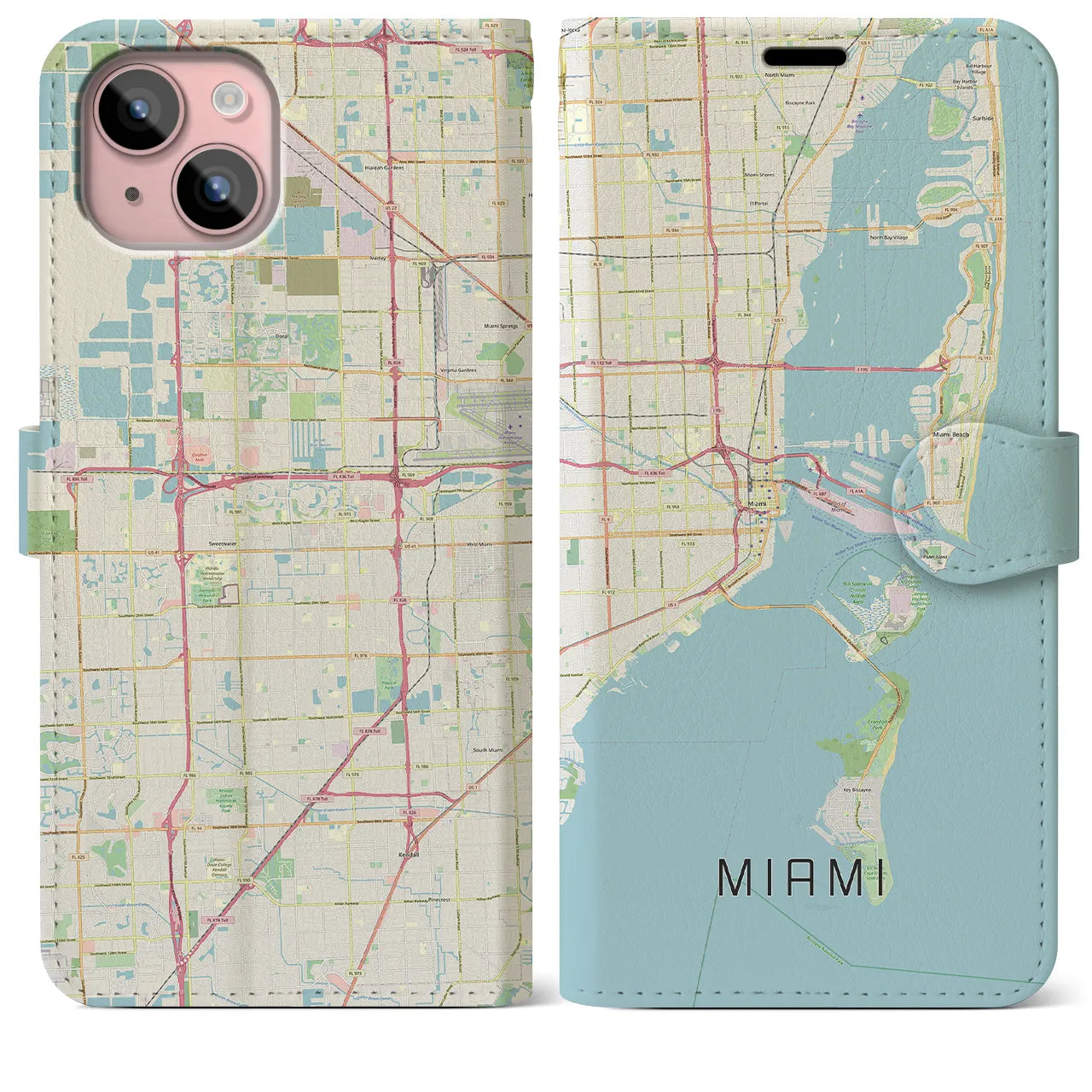 【マイアミ(アメリカ)】地図柄iPhoneケース(手帳タイプ)ナチュラル・iPhone 15 Plus 用