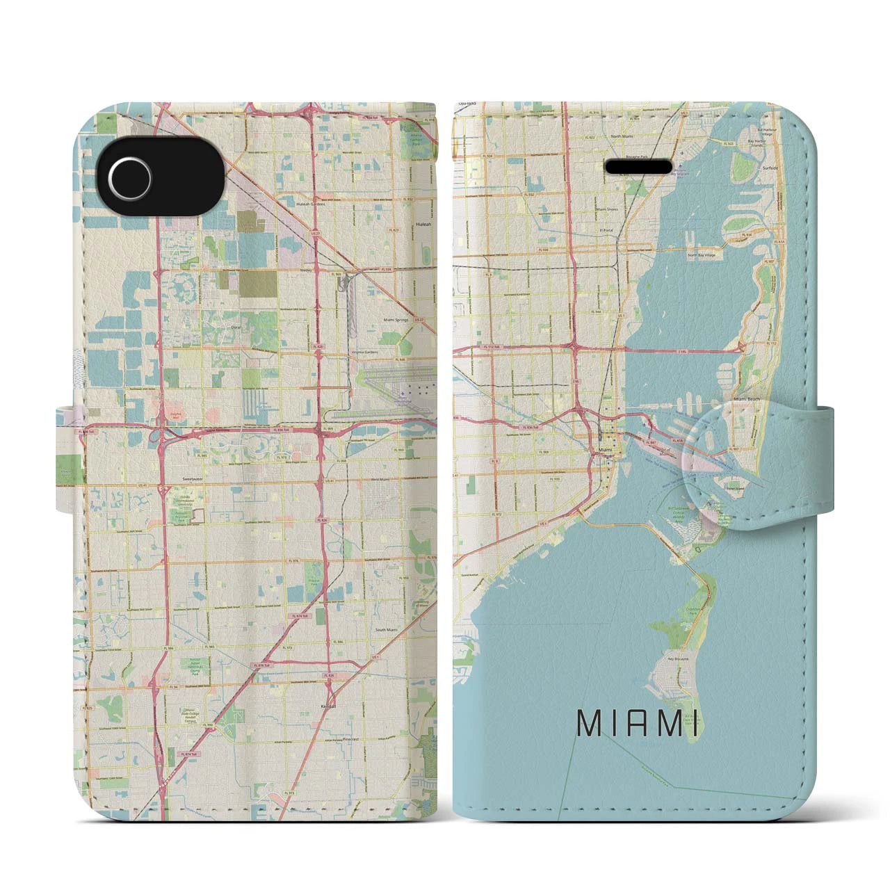 【マイアミ(アメリカ)】地図柄iPhoneケース(手帳タイプ)ナチュラル・iPhone SE(第3 / 第2世代) / 8 / 7 / 6s / 6 用