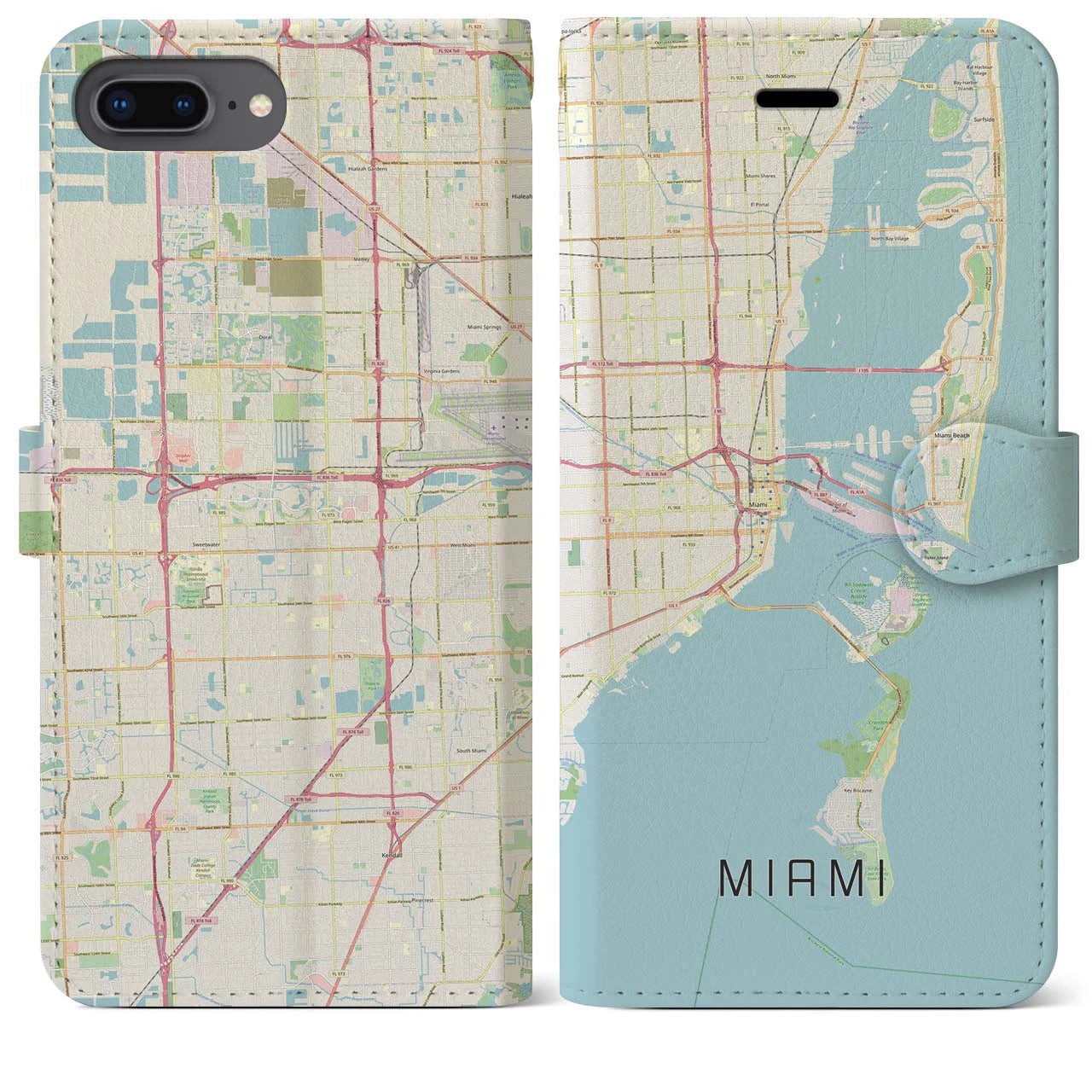 【マイアミ(アメリカ)】地図柄iPhoneケース(手帳タイプ)ナチュラル・iPhone 8Plus /7Plus / 6sPlus / 6Plus 用