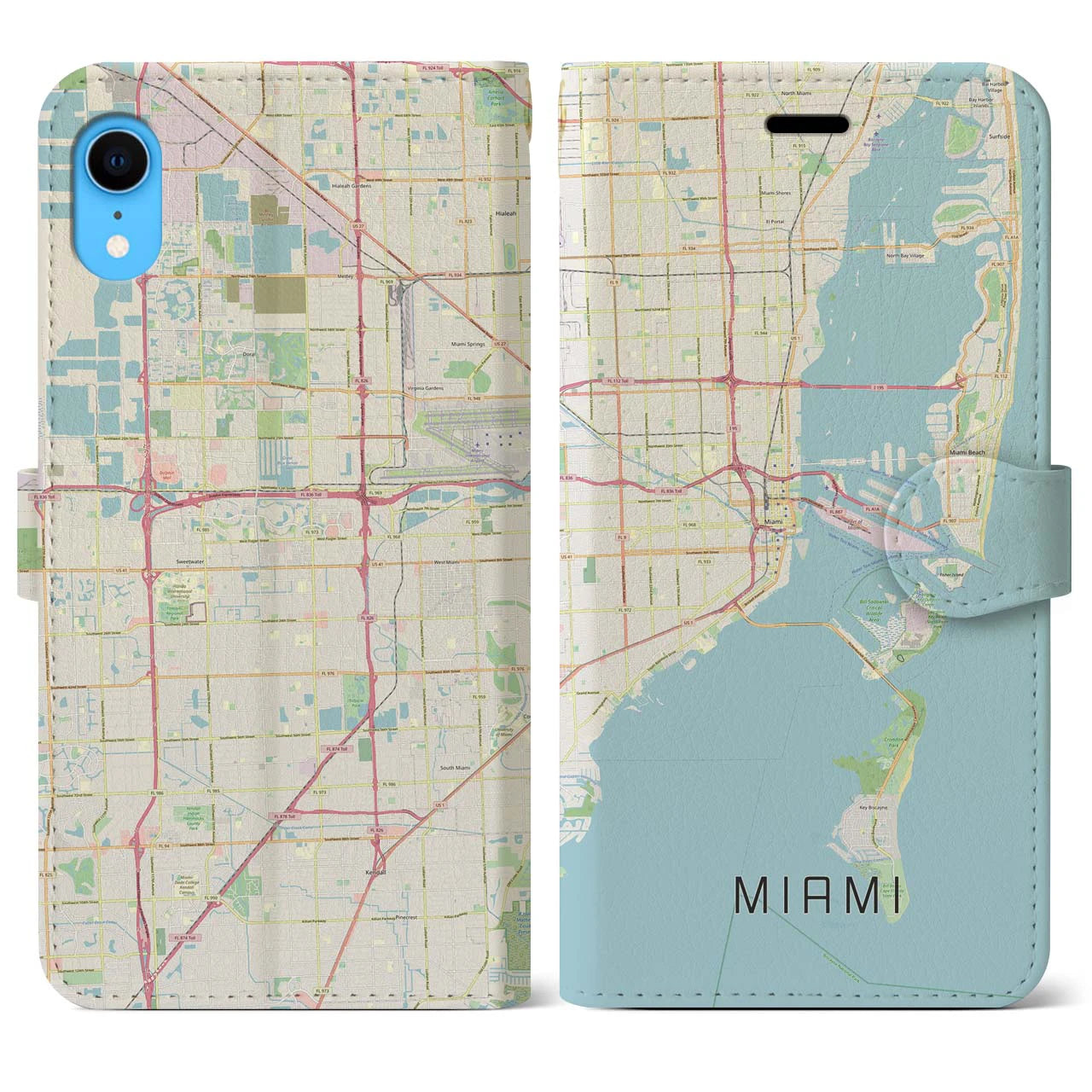 【マイアミ(アメリカ)】地図柄iPhoneケース(手帳タイプ)ナチュラル・iPhone XR 用