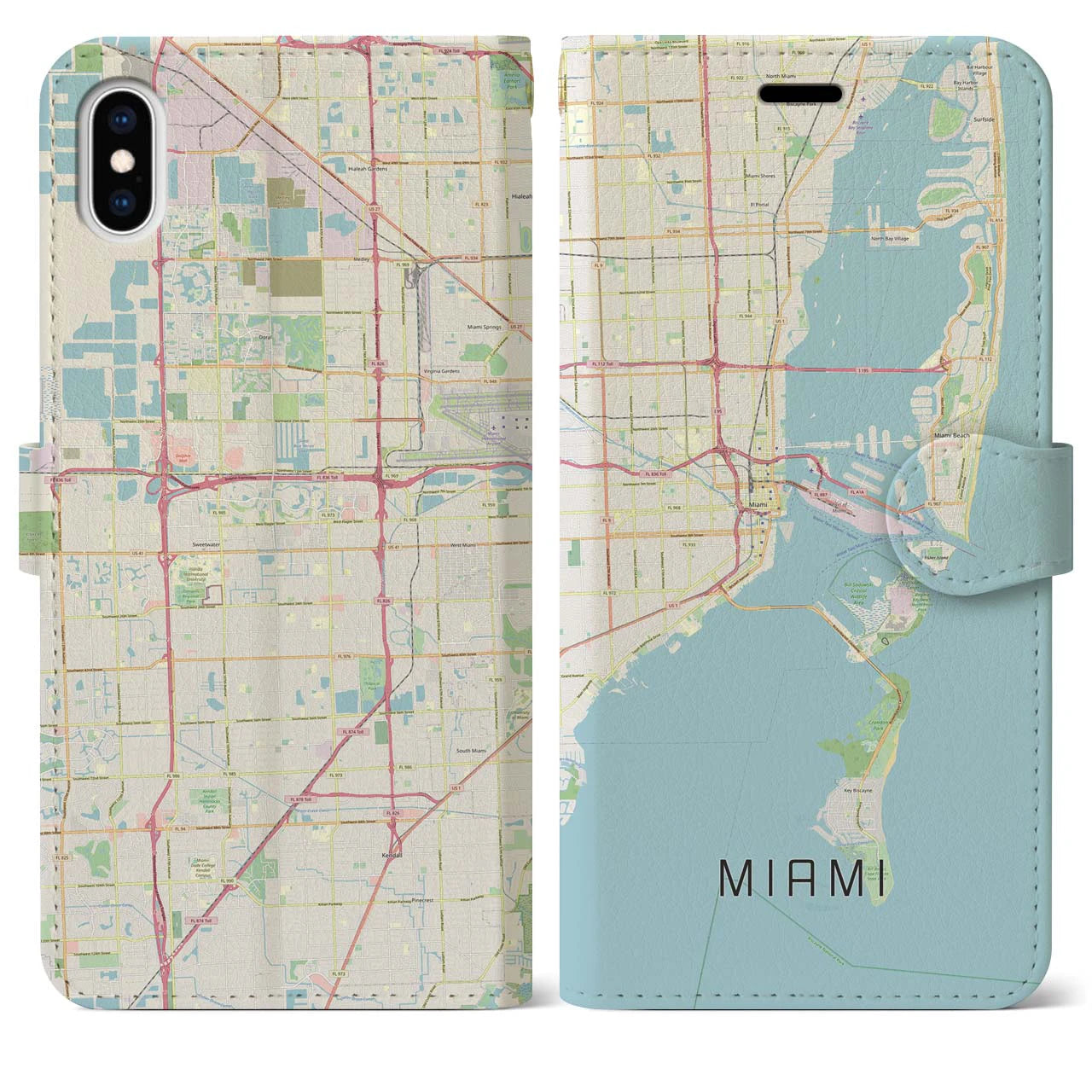 【マイアミ(アメリカ)】地図柄iPhoneケース(手帳タイプ)ナチュラル・iPhone XS Max 用