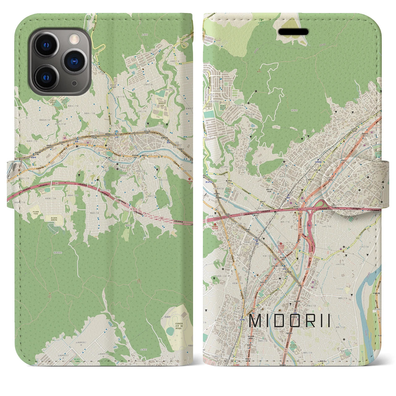 【緑井(広島県)】地図柄iPhoneケース(手帳タイプ)ナチュラル・iPhone 11 Pro Max 用