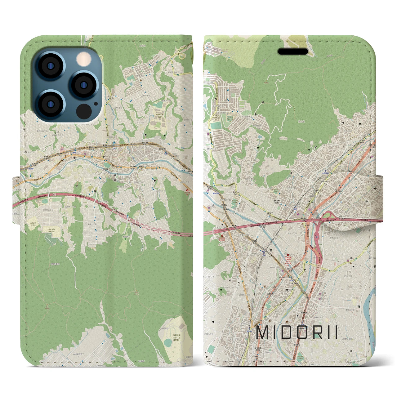 【緑井(広島県)】地図柄iPhoneケース(手帳タイプ)ナチュラル・iPhone 12 / 12 Pro 用