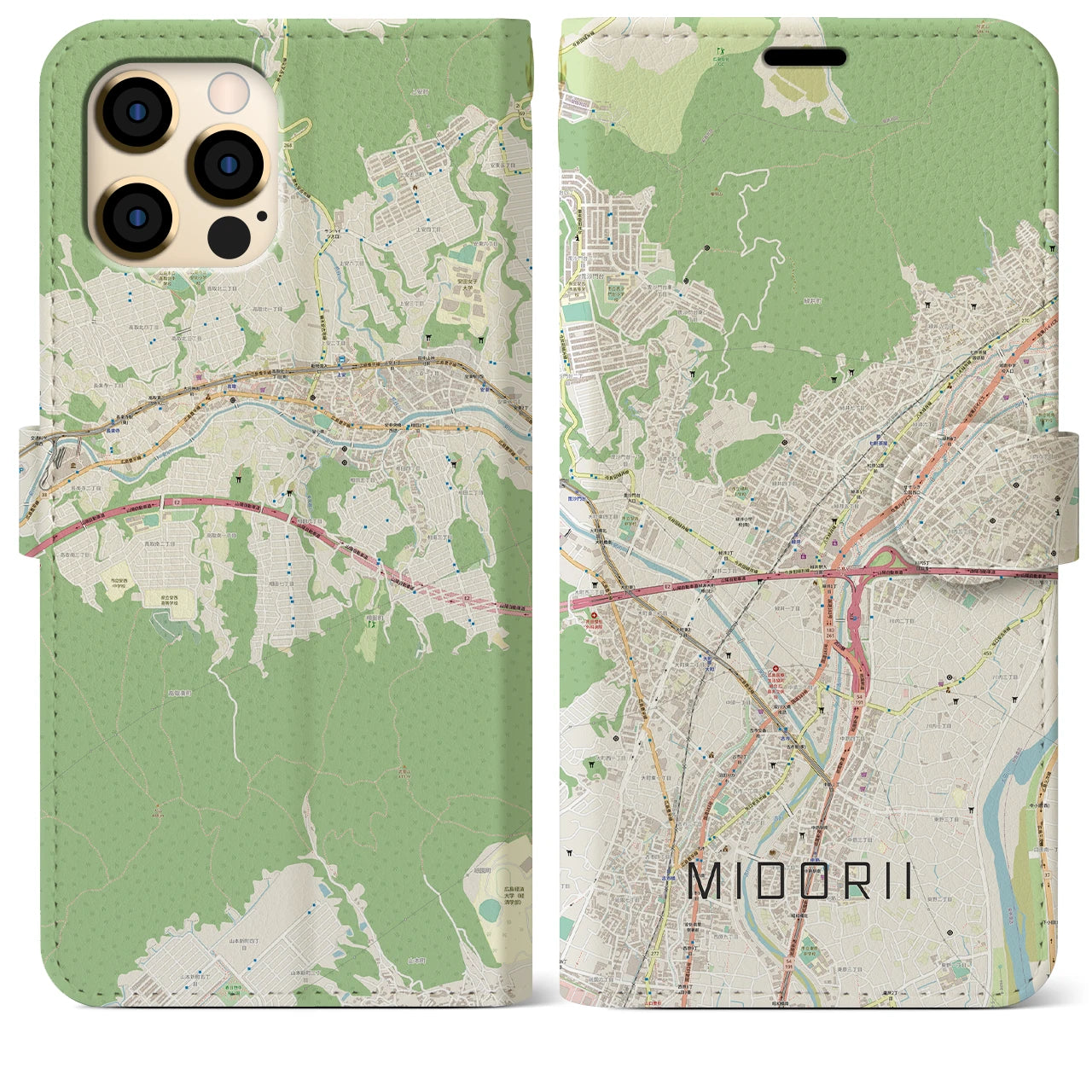 【緑井(広島県)】地図柄iPhoneケース(手帳タイプ)ナチュラル・iPhone 12 Pro Max 用