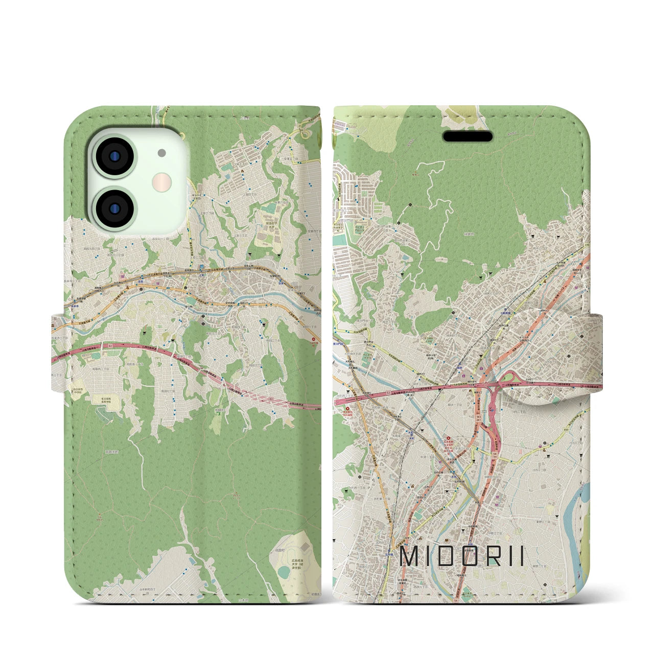 【緑井(広島県)】地図柄iPhoneケース(手帳タイプ)ナチュラル・iPhone 12 mini 用
