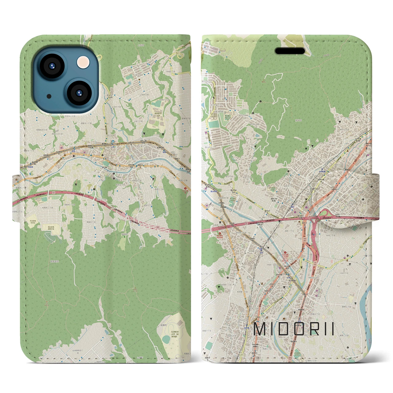 【緑井(広島県)】地図柄iPhoneケース(手帳タイプ)ナチュラル・iPhone 13 用