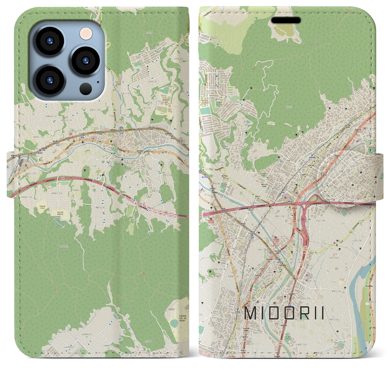 【緑井(広島県)】地図柄iPhoneケース(手帳タイプ)ナチュラル・iPhone 13 Pro Max 用
