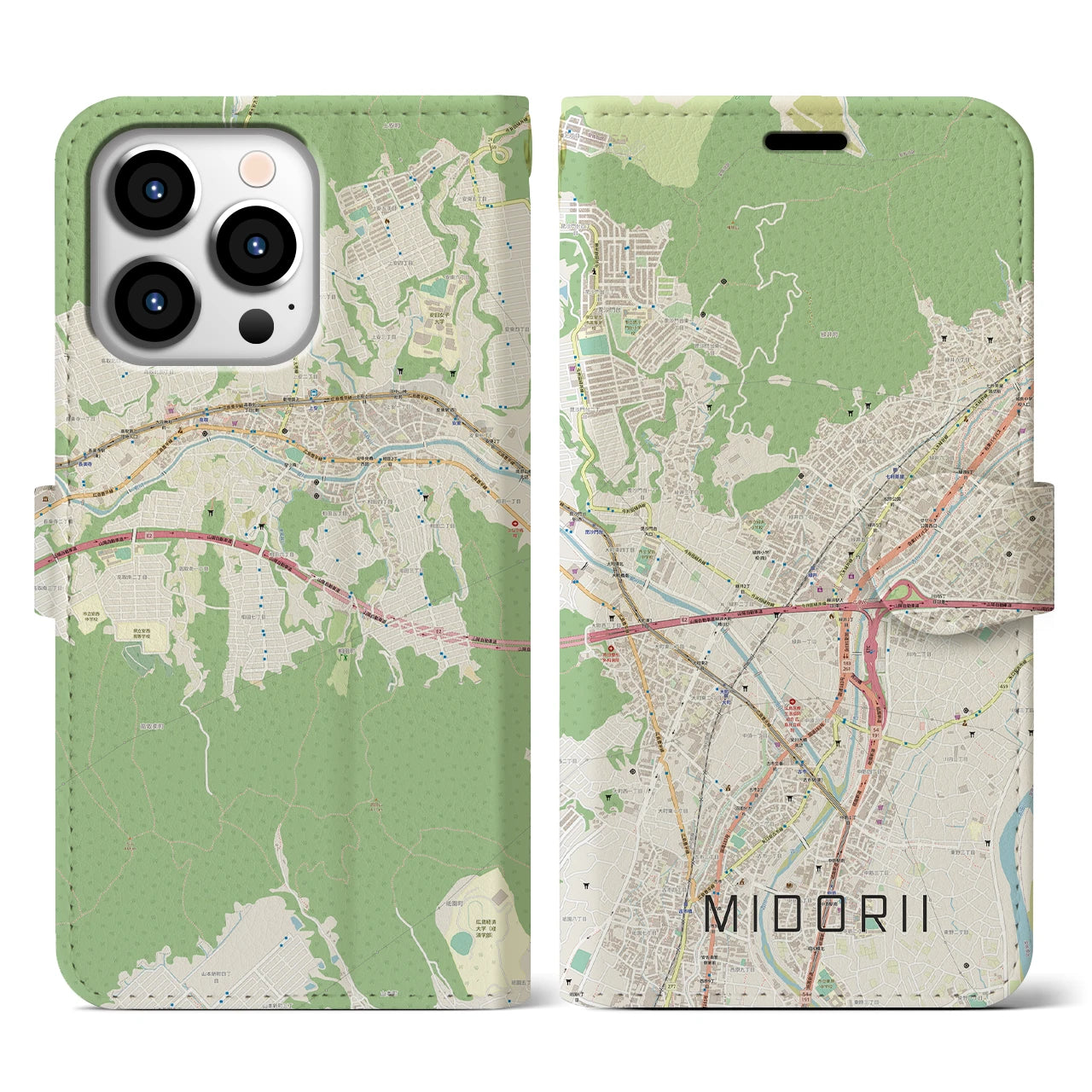 【緑井(広島県)】地図柄iPhoneケース(手帳タイプ)ナチュラル・iPhone 13 Pro 用