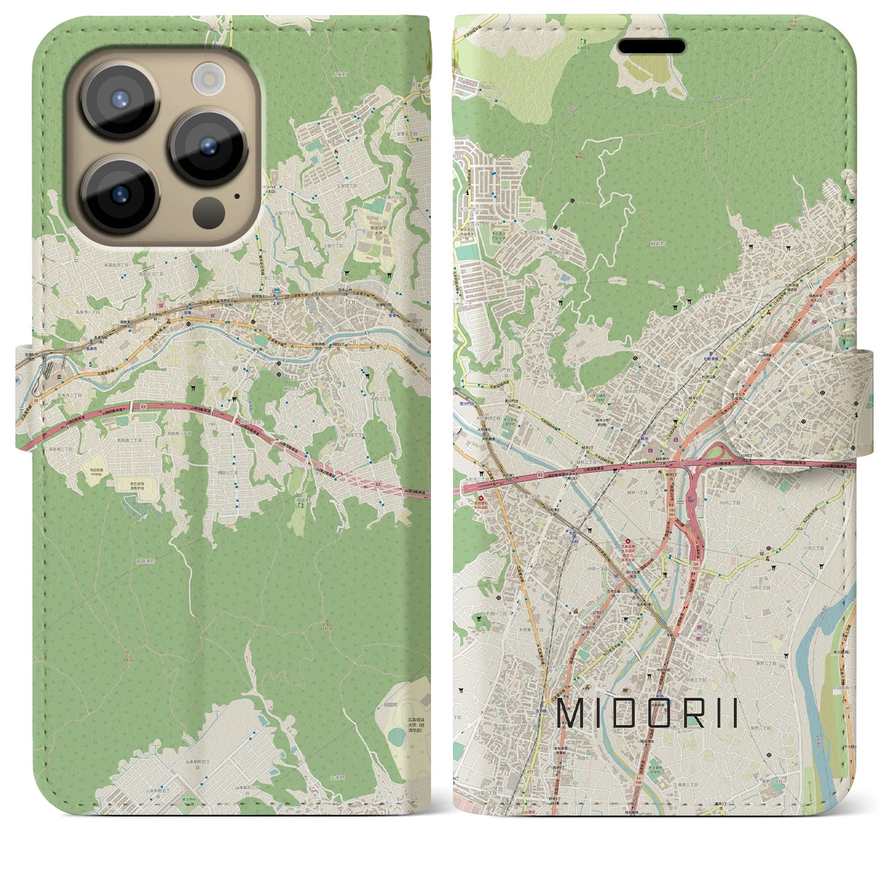 【緑井(広島県)】地図柄iPhoneケース(手帳タイプ)ナチュラル・iPhone 14 Pro Max 用
