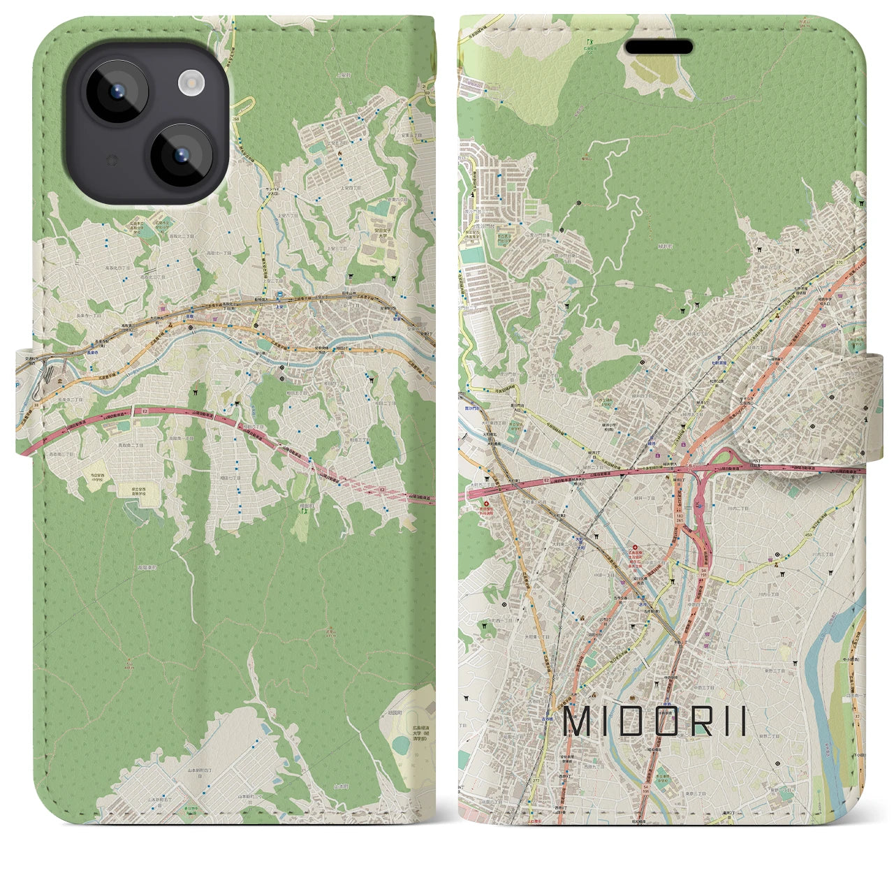 【緑井(広島県)】地図柄iPhoneケース(手帳タイプ)ナチュラル・iPhone 14 Plus 用