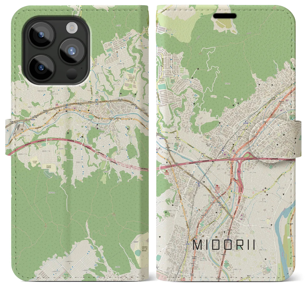 【緑井(広島県)】地図柄iPhoneケース(手帳タイプ)ナチュラル・iPhone 15 Pro Max 用