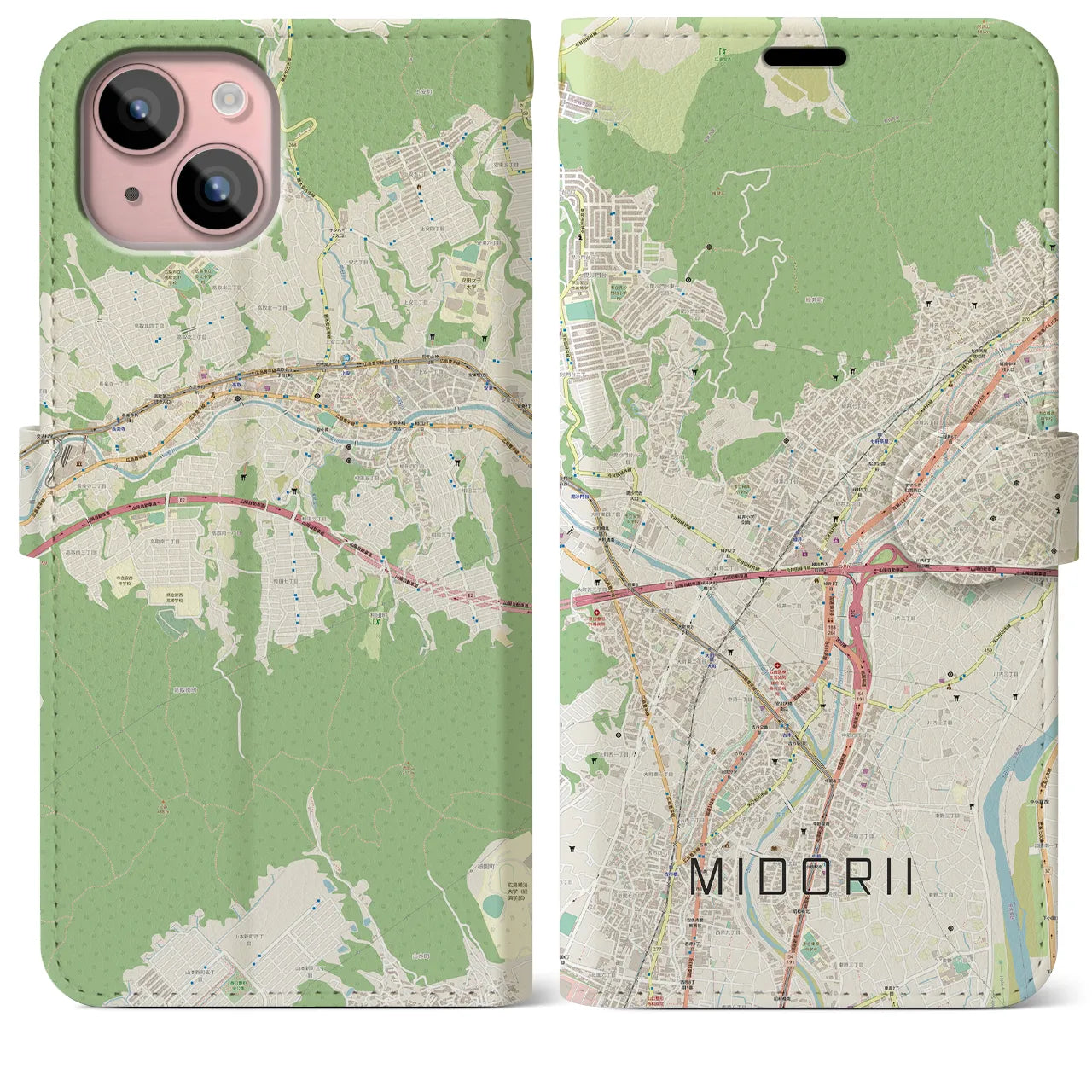 【緑井(広島県)】地図柄iPhoneケース(手帳タイプ)ナチュラル・iPhone 15 Plus 用