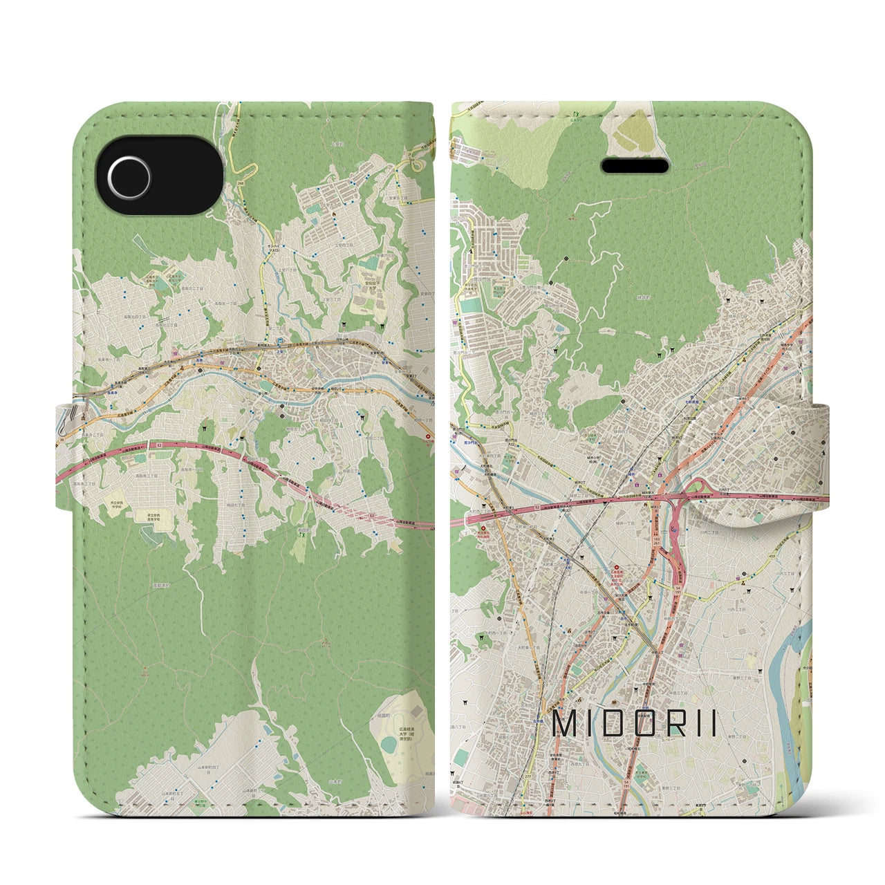 【緑井(広島県)】地図柄iPhoneケース(手帳タイプ)ナチュラル・iPhone SE(第3 / 第2世代) / 8 / 7 / 6s / 6 用