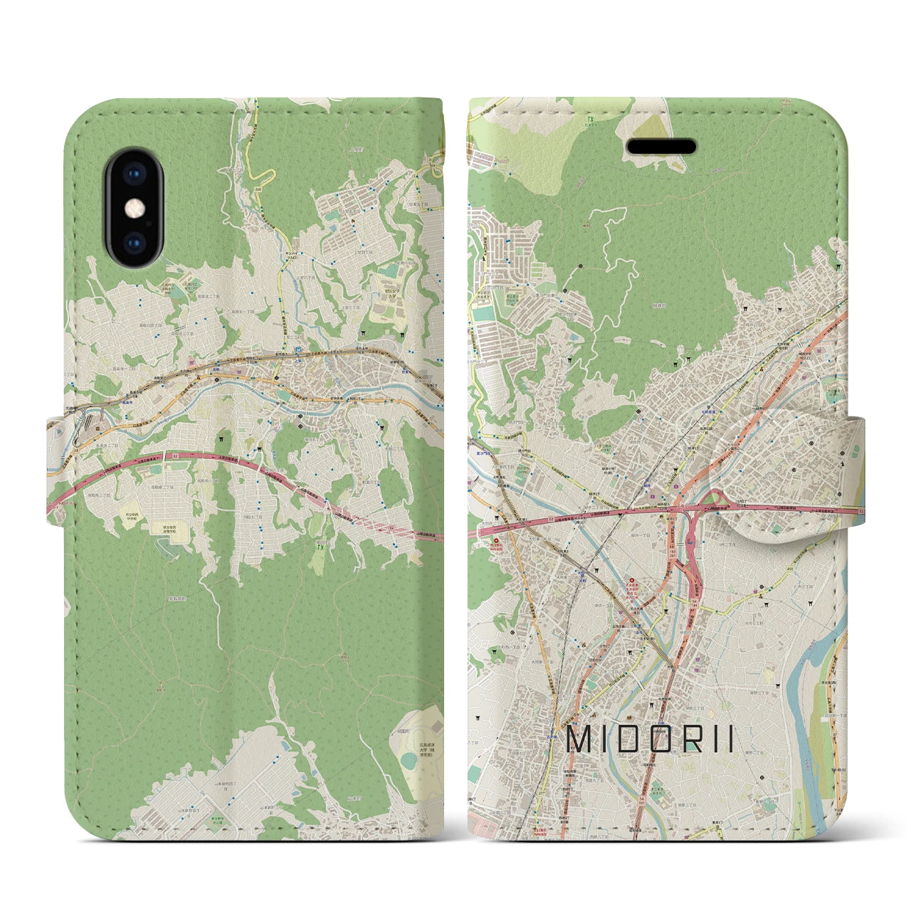 【緑井(広島県)】地図柄iPhoneケース(手帳タイプ)ナチュラル・iPhone XS / X 用