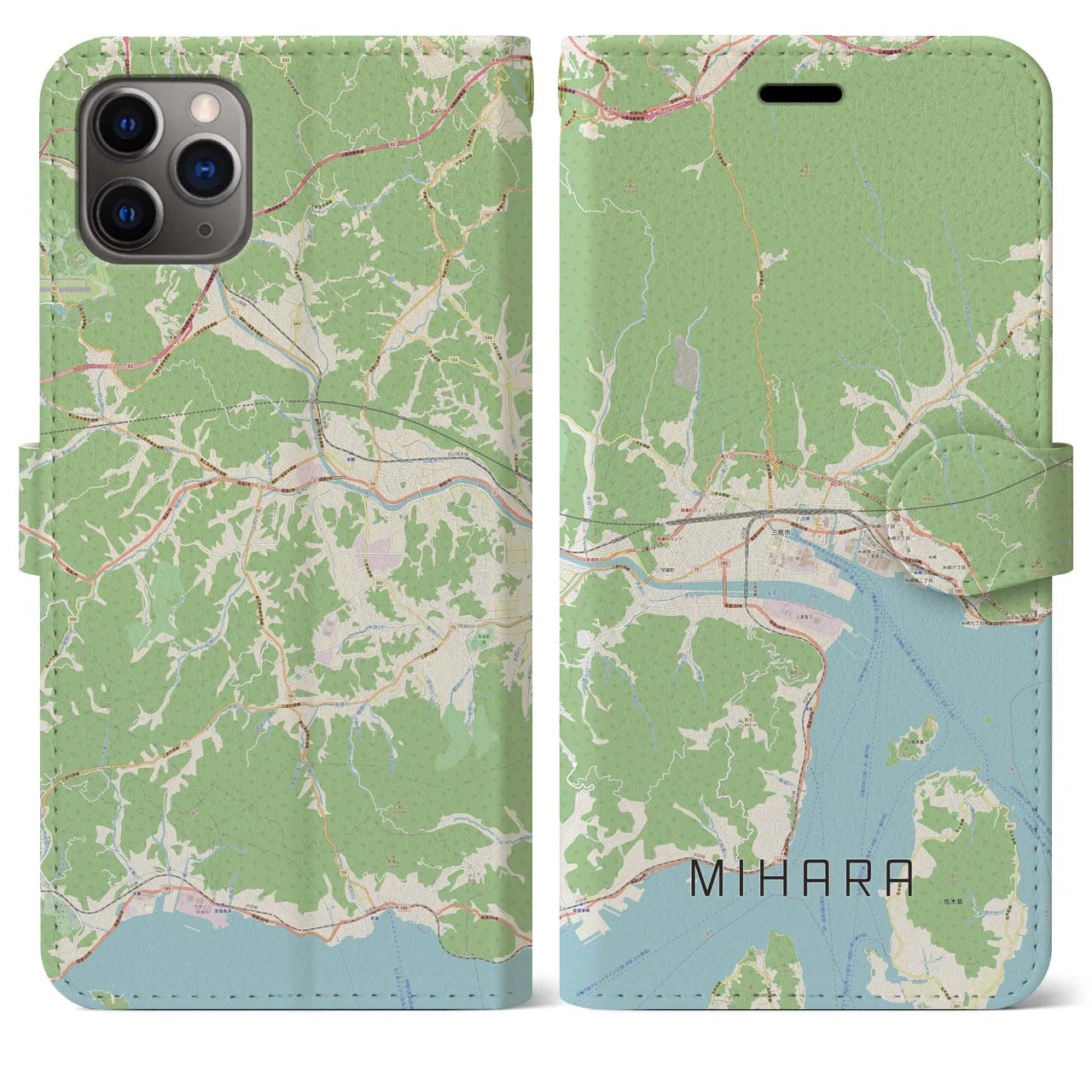 【三原(広島県)】地図柄iPhoneケース(手帳タイプ)ナチュラル・iPhone 11 Pro Max 用