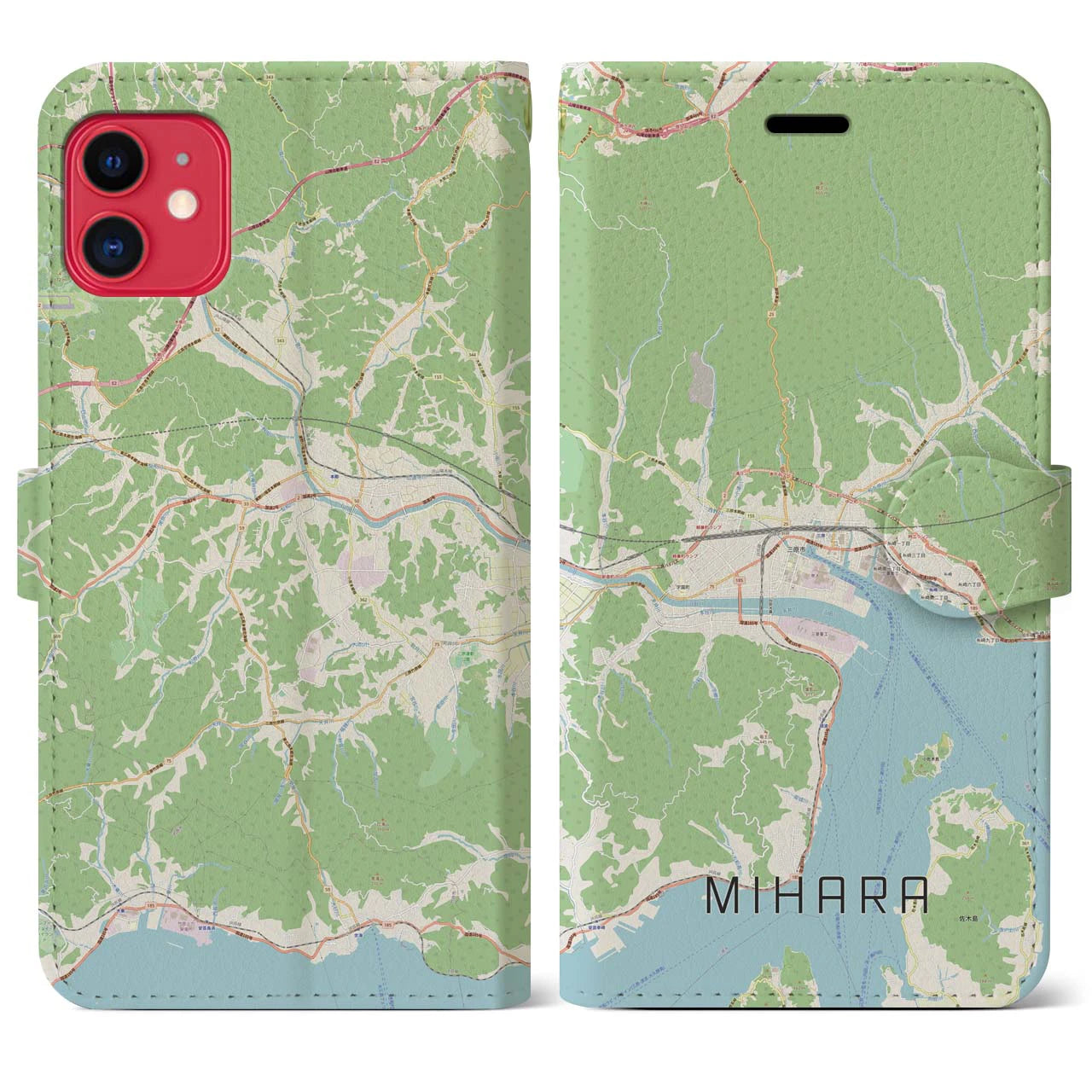 【三原(広島県)】地図柄iPhoneケース(手帳タイプ)ナチュラル・iPhone 11 用