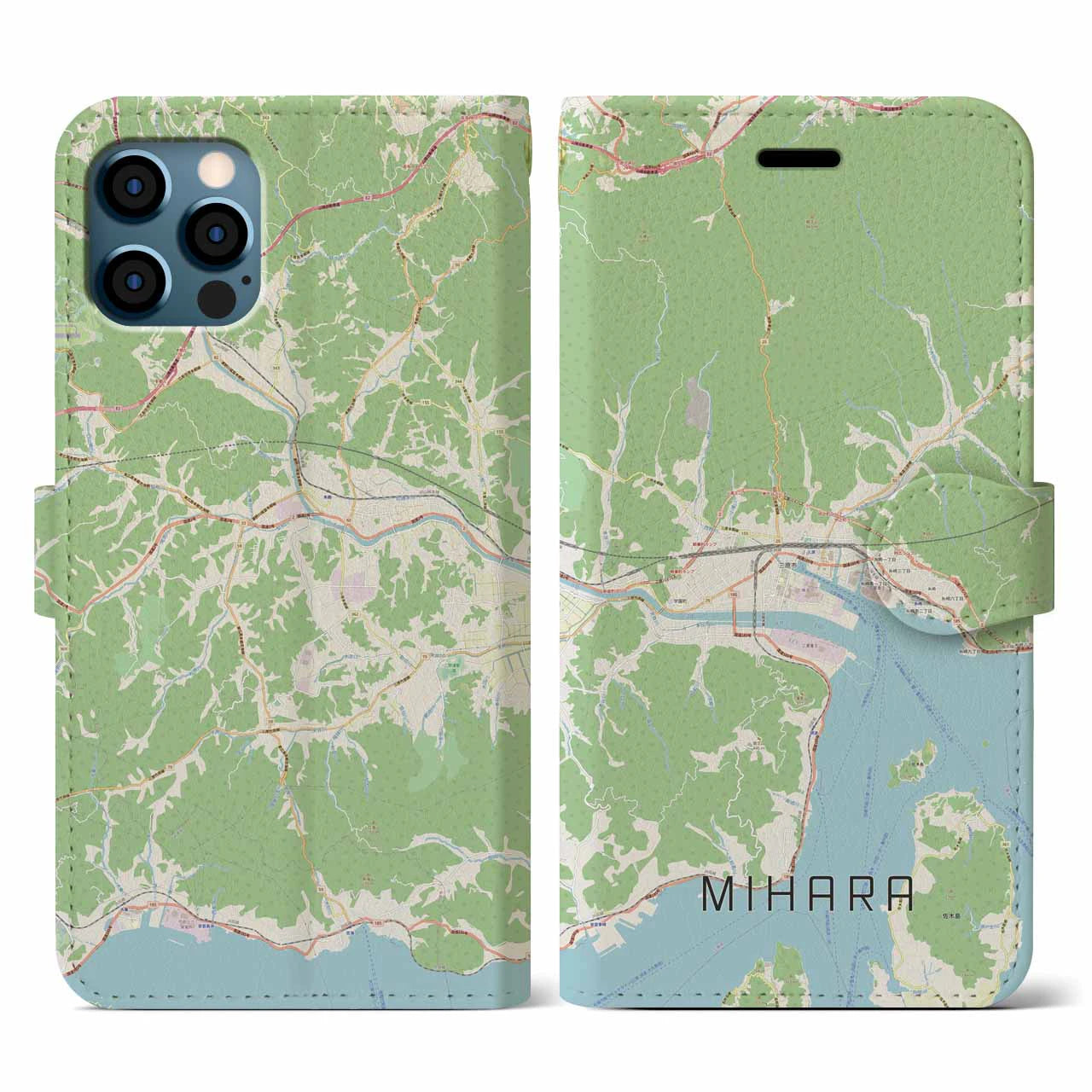【三原(広島県)】地図柄iPhoneケース(手帳タイプ)ナチュラル・iPhone 12 / 12 Pro 用
