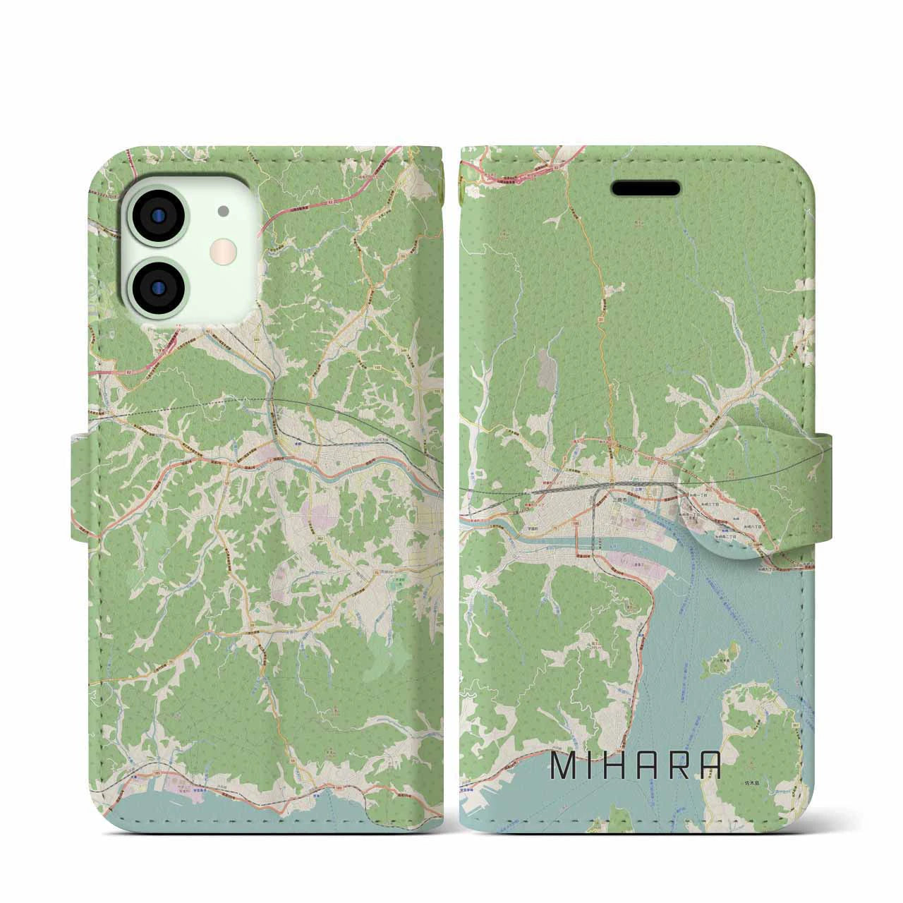 【三原(広島県)】地図柄iPhoneケース(手帳タイプ)ナチュラル・iPhone 12 mini 用