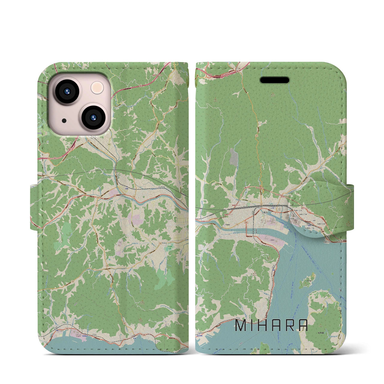 【三原(広島県)】地図柄iPhoneケース(手帳タイプ)ナチュラル・iPhone 13 mini 用