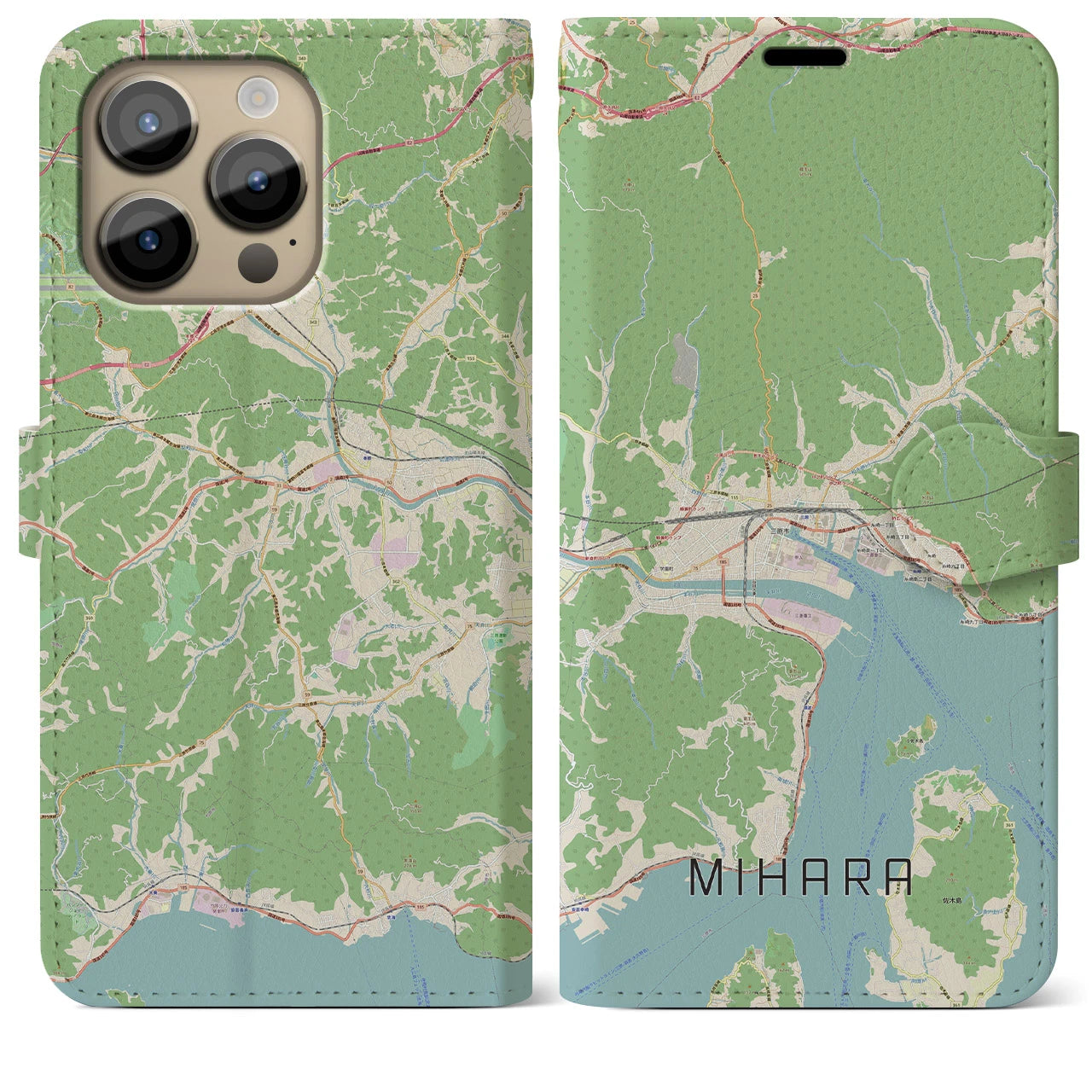 【三原(広島県)】地図柄iPhoneケース(手帳タイプ)ナチュラル・iPhone 14 Pro Max 用