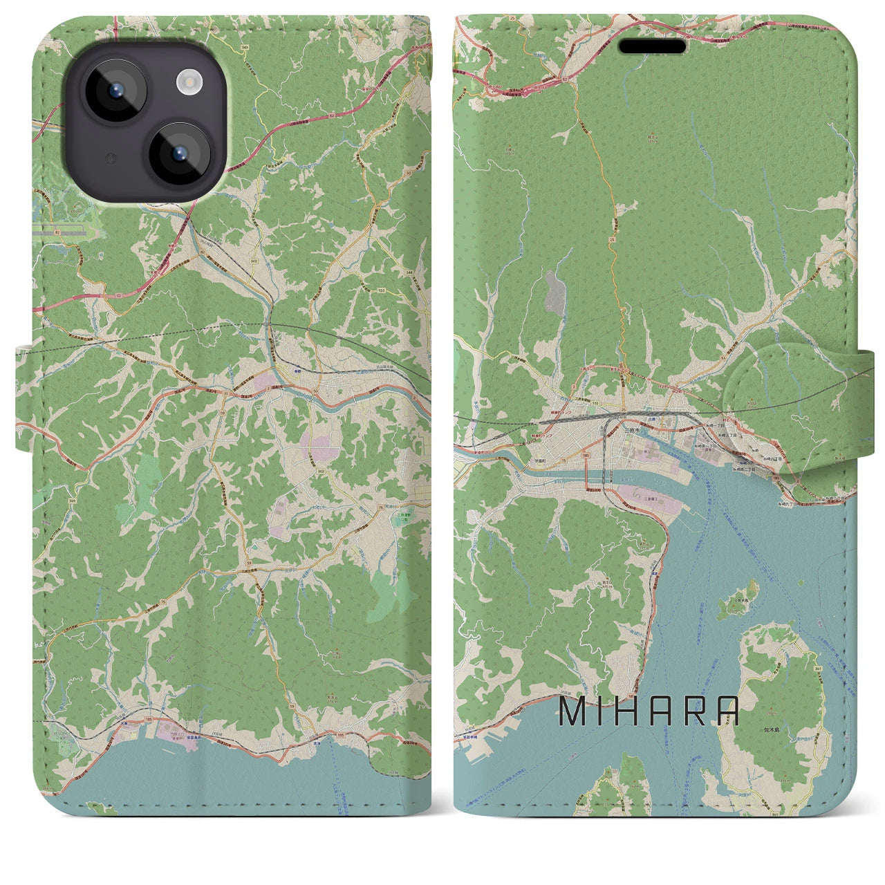 【三原(広島県)】地図柄iPhoneケース(手帳タイプ)ナチュラル・iPhone 14 Plus 用