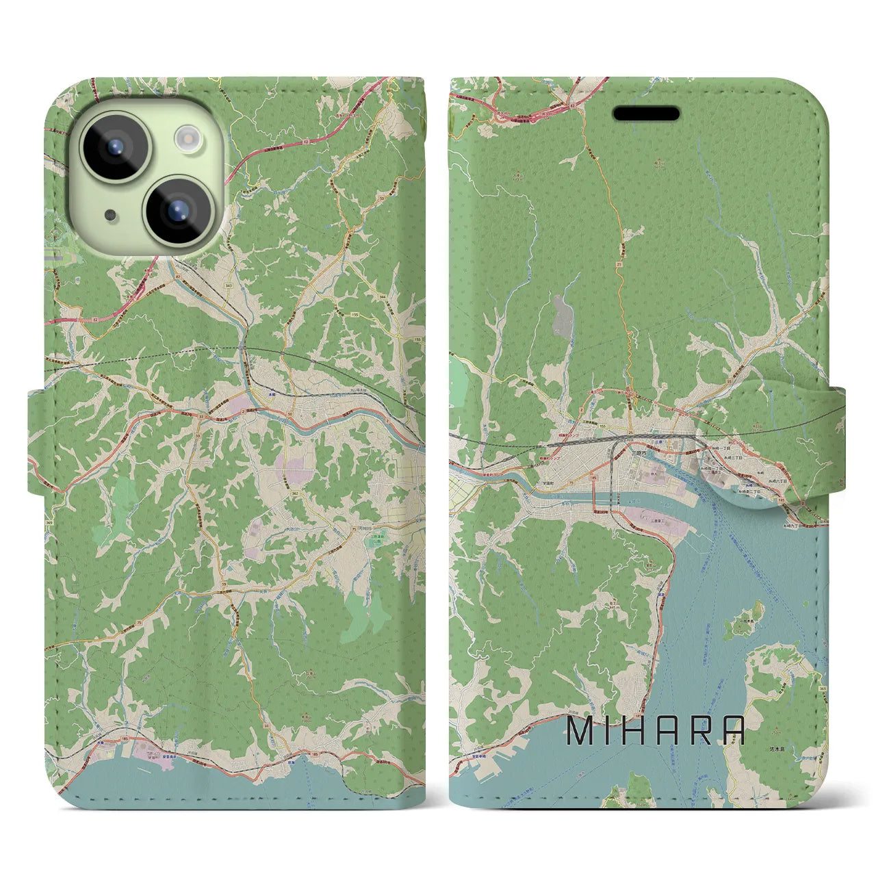 【三原(広島県)】地図柄iPhoneケース(手帳タイプ)ナチュラル・iPhone 15 用