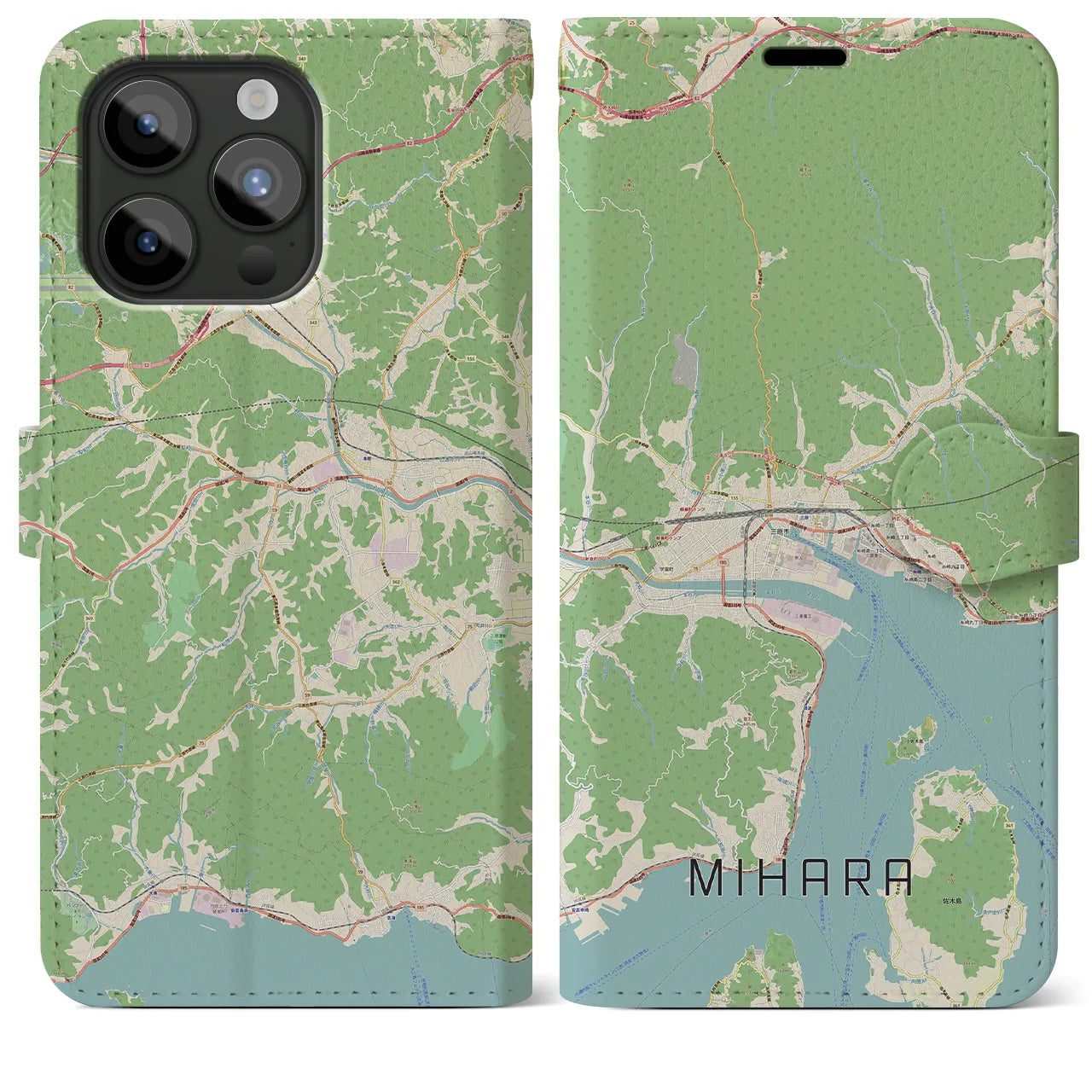 【三原(広島県)】地図柄iPhoneケース(手帳タイプ)ナチュラル・iPhone 15 Pro Max 用