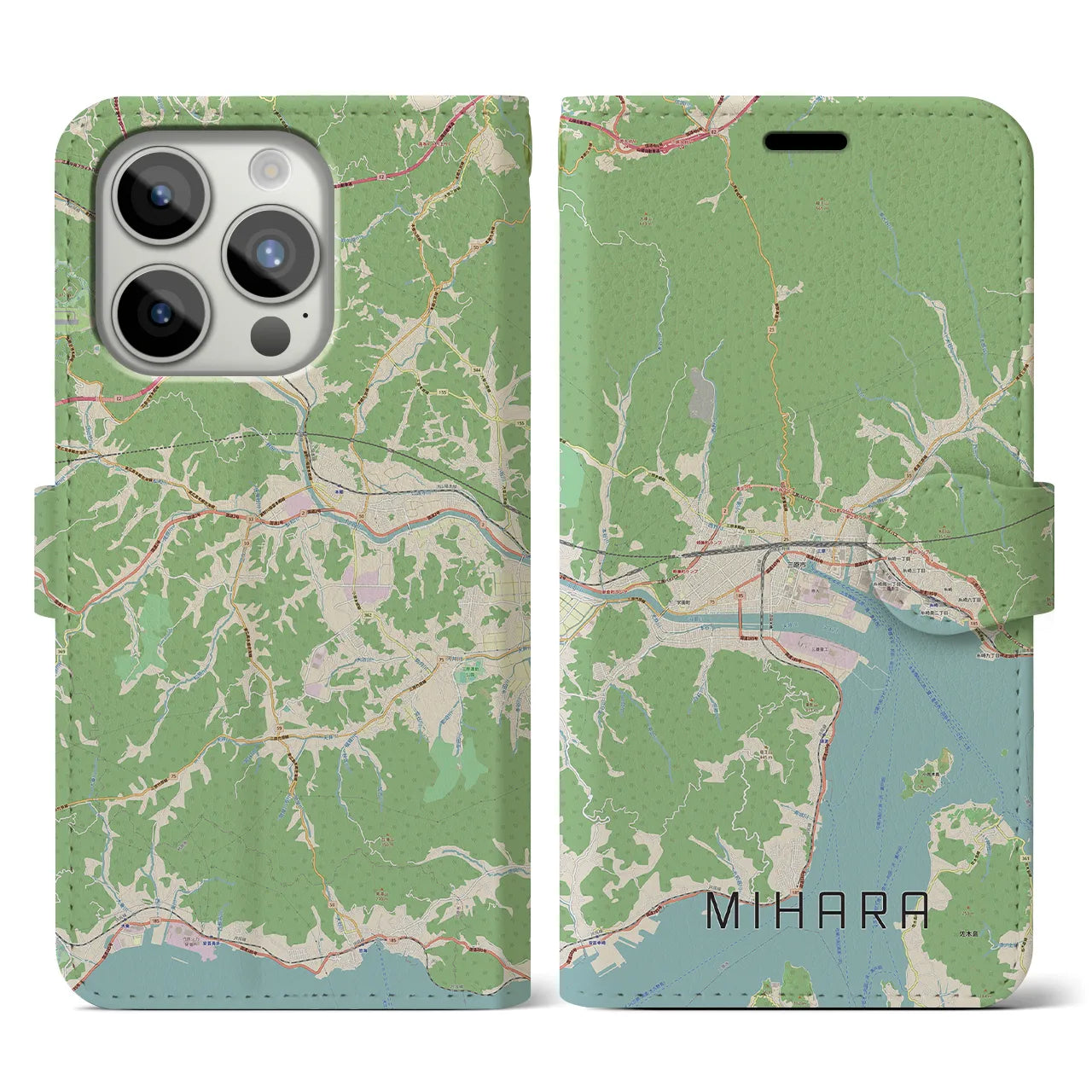 【三原(広島県)】地図柄iPhoneケース(手帳タイプ)ナチュラル・iPhone 15 Pro 用