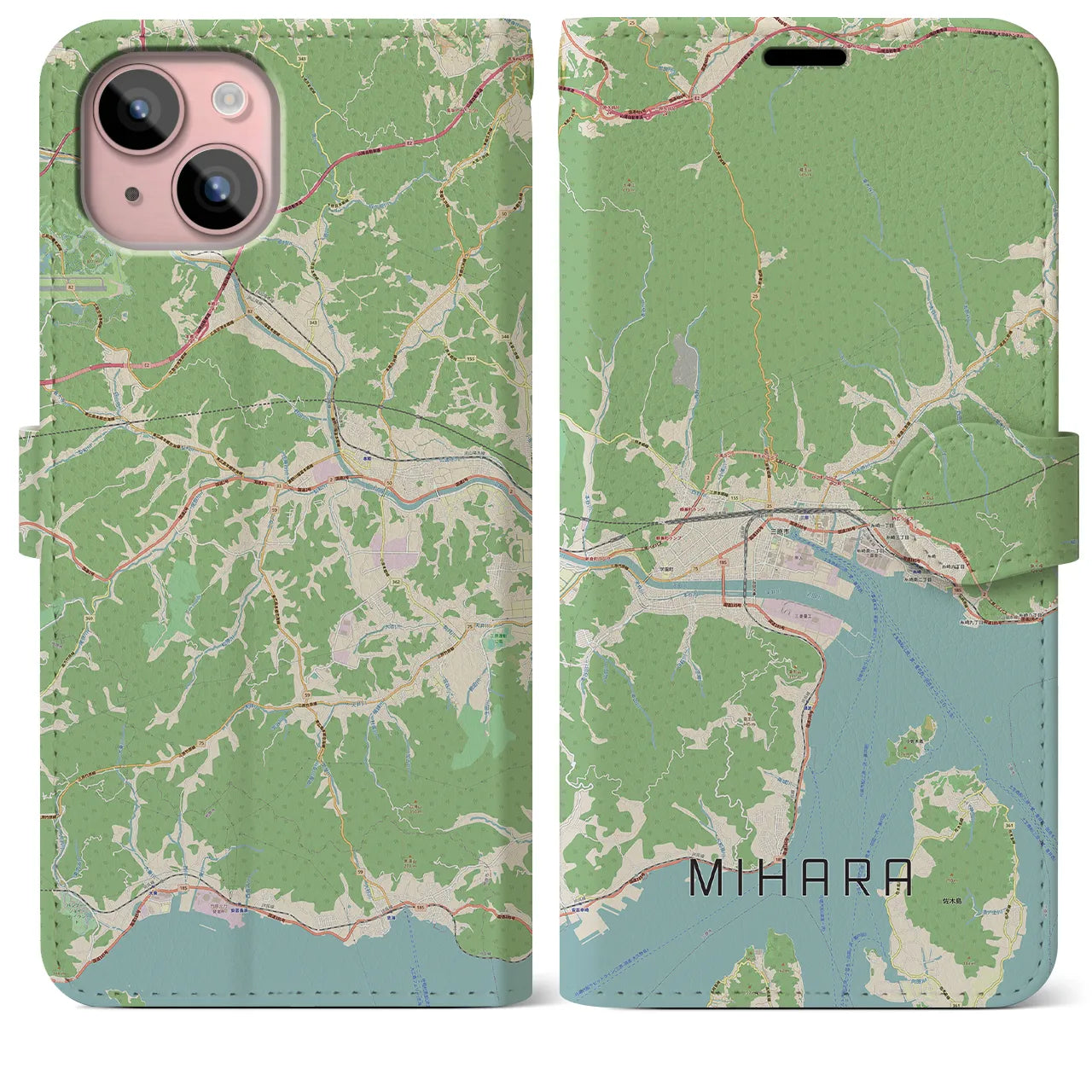 【三原(広島県)】地図柄iPhoneケース(手帳タイプ)ナチュラル・iPhone 15 Plus 用