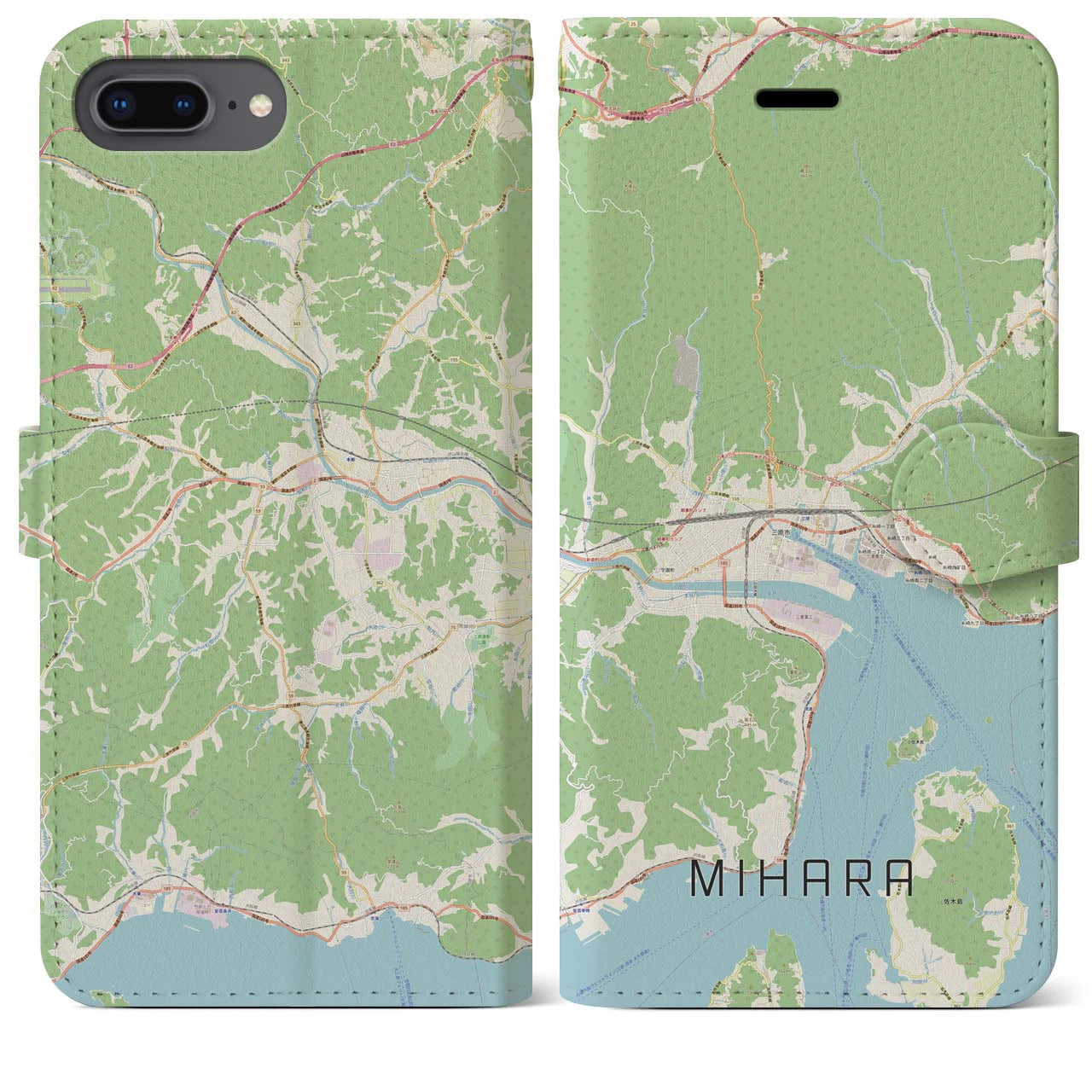 【三原(広島県)】地図柄iPhoneケース(手帳タイプ)ナチュラル・iPhone 8Plus /7Plus / 6sPlus / 6Plus 用