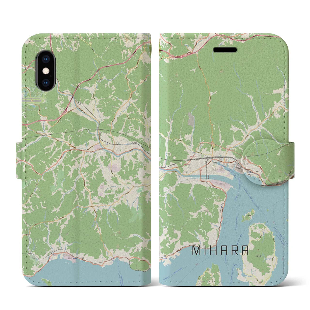 【三原(広島県)】地図柄iPhoneケース(手帳タイプ)ナチュラル・iPhone XS / X 用