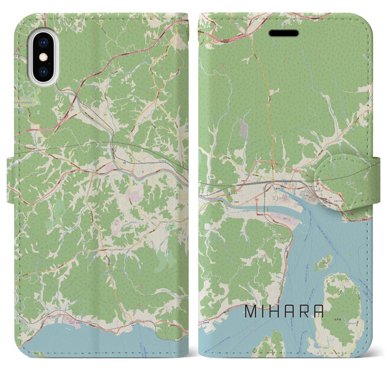 【三原(広島県)】地図柄iPhoneケース(手帳タイプ)ナチュラル・iPhone XS Max 用