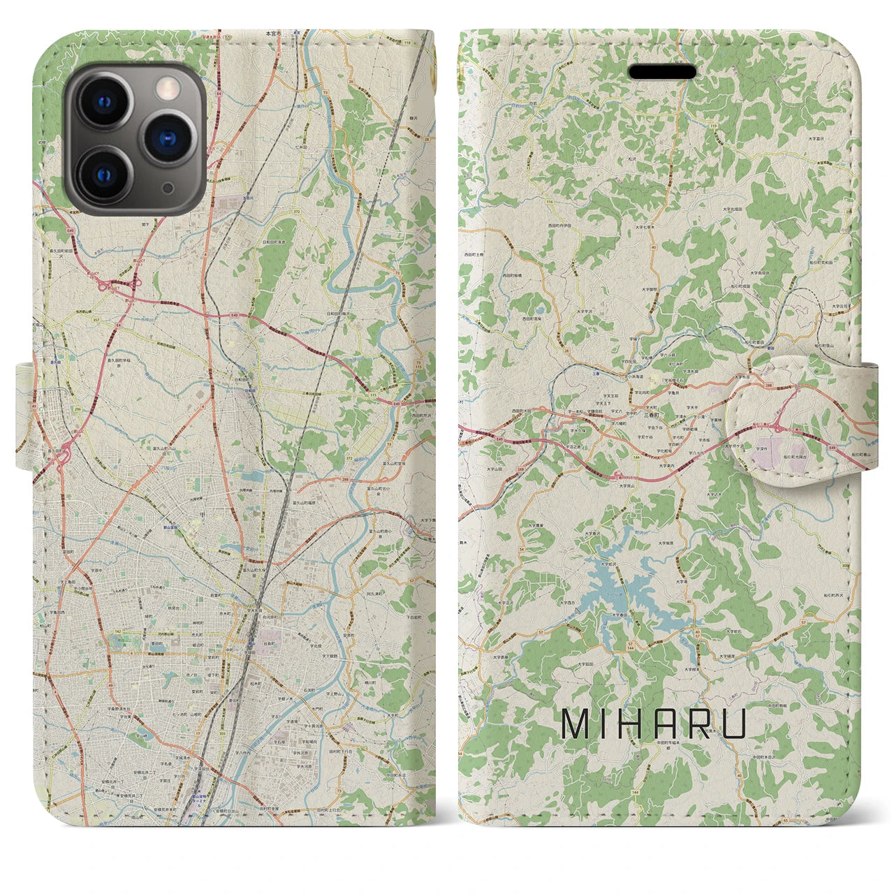 【三春(福島県)】地図柄iPhoneケース(手帳タイプ)ナチュラル・iPhone 11 Pro Max 用