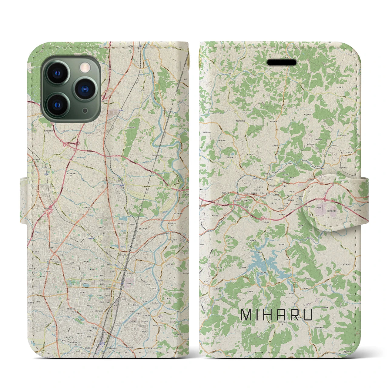 【三春(福島県)】地図柄iPhoneケース(手帳タイプ)ナチュラル・iPhone 11 Pro 用