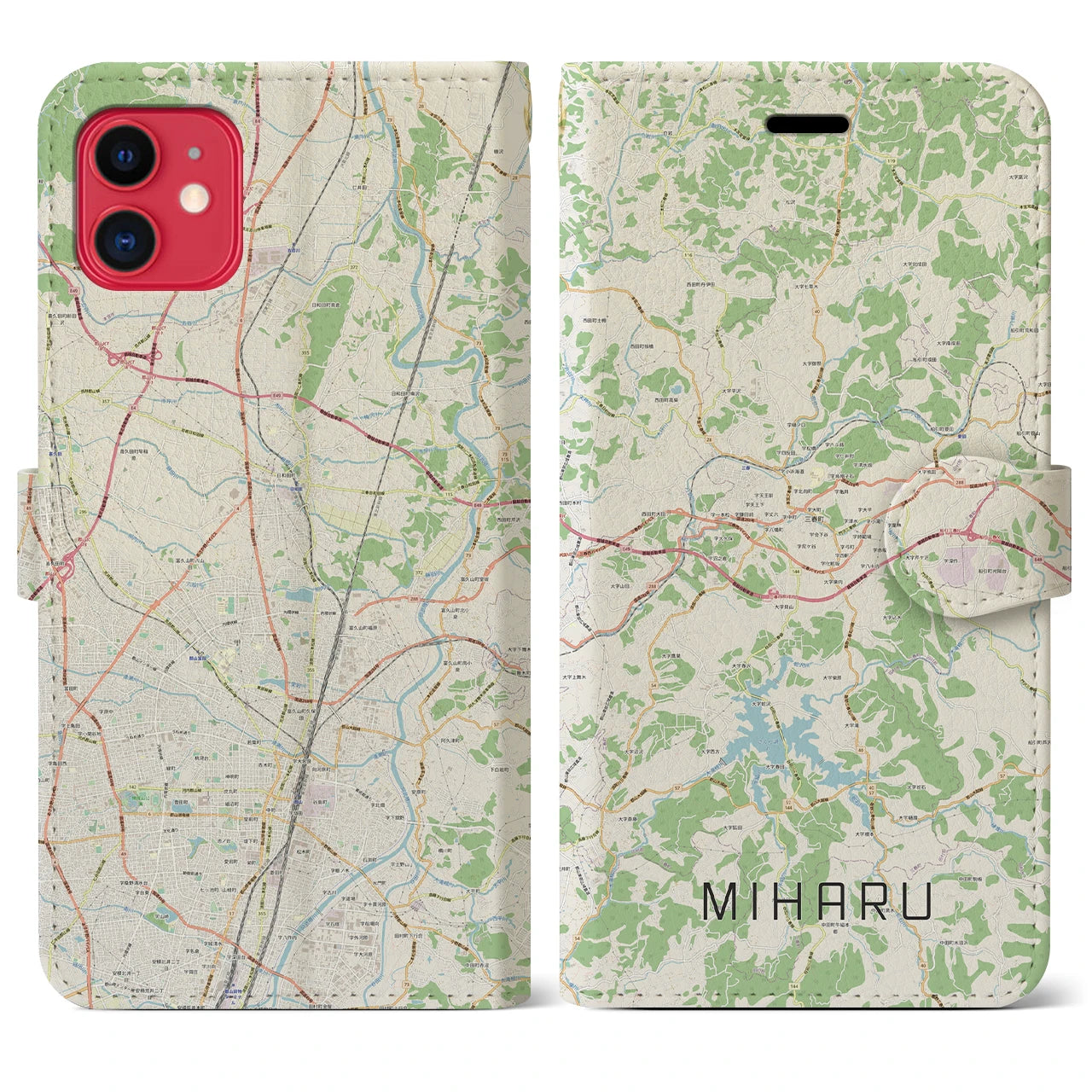 【三春(福島県)】地図柄iPhoneケース(手帳タイプ)ナチュラル・iPhone 11 用