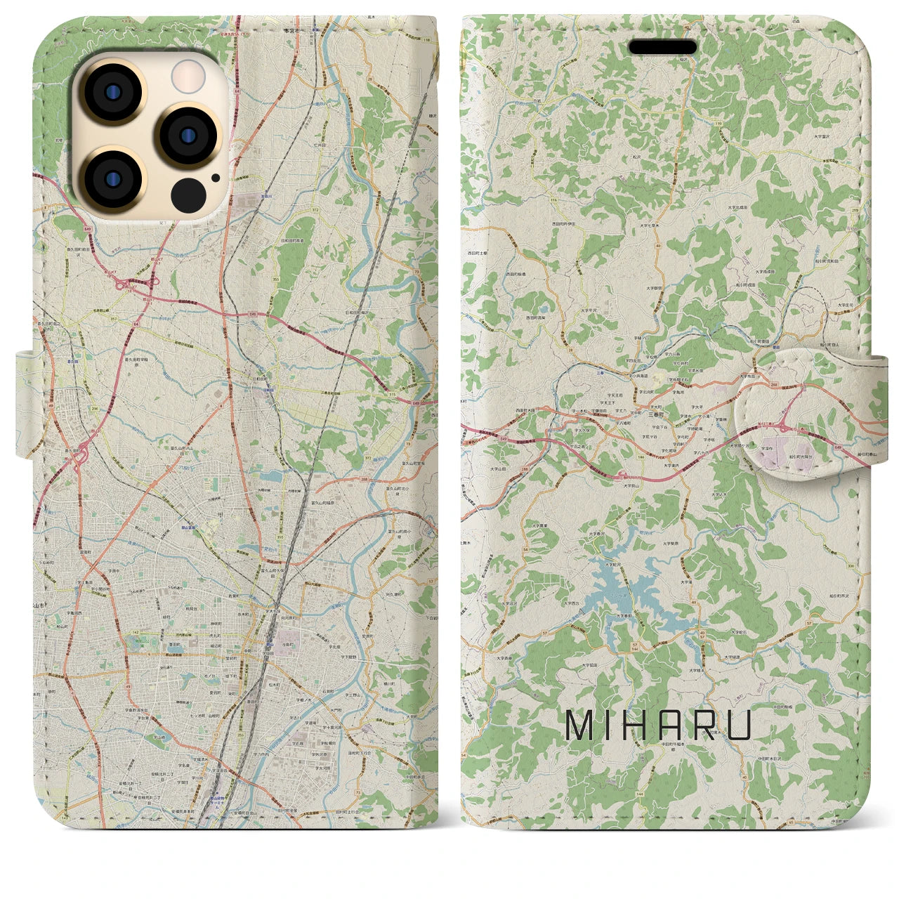 【三春(福島県)】地図柄iPhoneケース(手帳タイプ)ナチュラル・iPhone 12 Pro Max 用