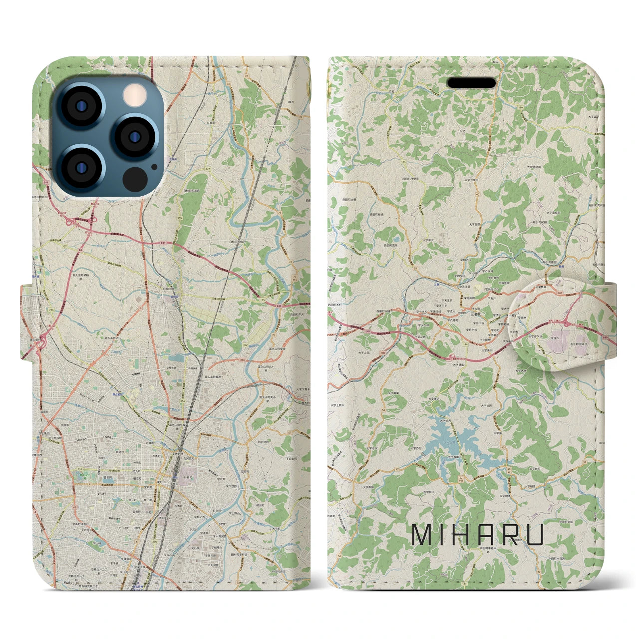 【三春(福島県)】地図柄iPhoneケース(手帳タイプ)ナチュラル・iPhone 12 / 12 Pro 用